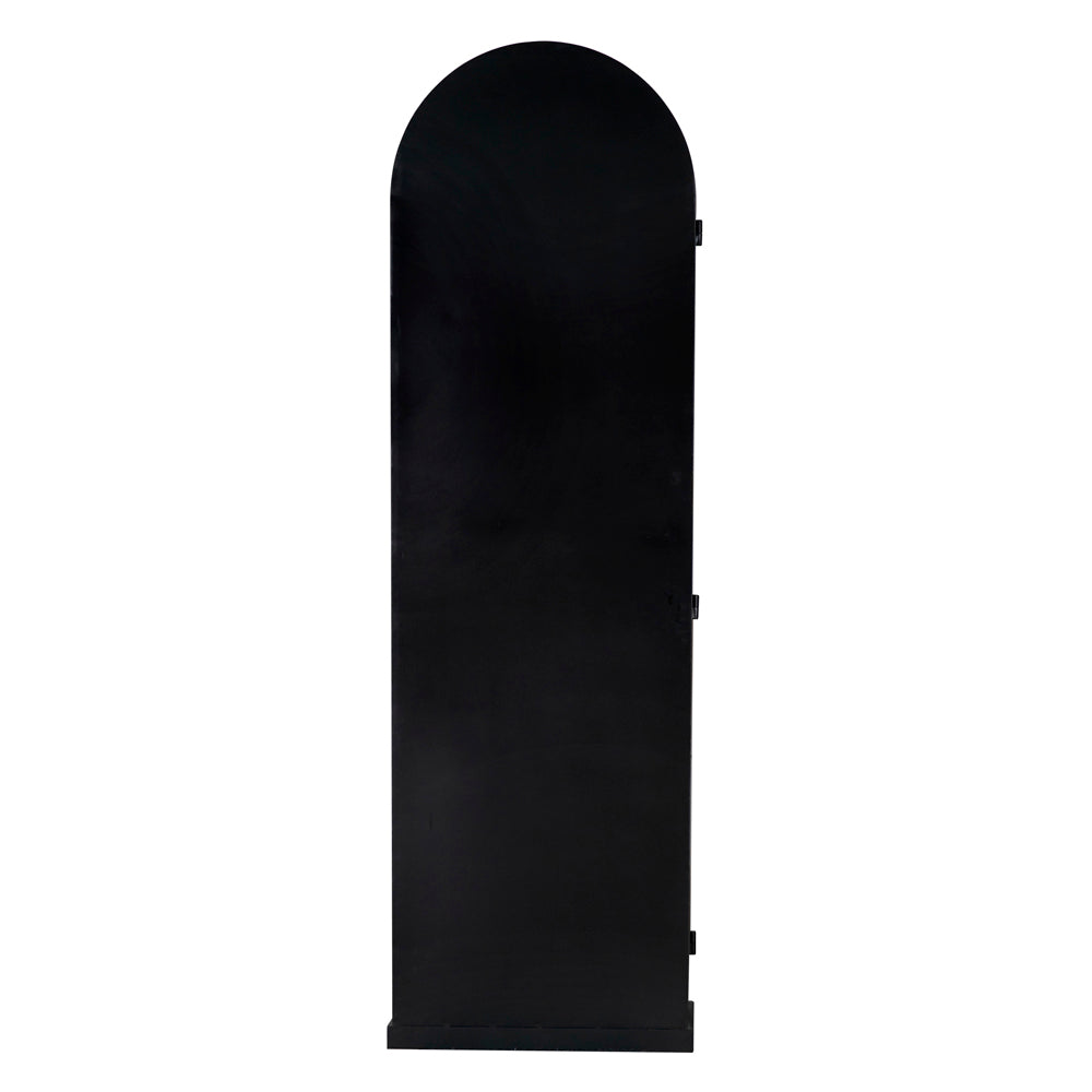 The New Tyrol Hutch, Left features a tall, rectangular matte black design with a rounded top, standing upright against a white background and highlighting its modern storage cabinet style.