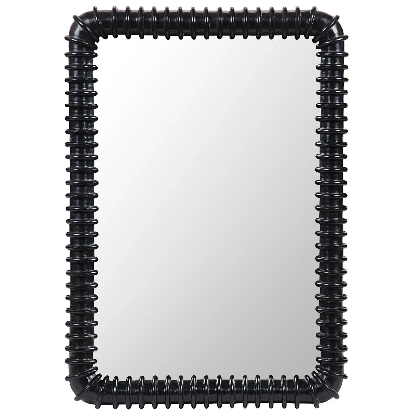 Sculpted Mahogany Mirror features a thick, black, ribbed frame with rounded corners for a bold, modern look. This large wall piece measures 26.5"W x 3"D x 37"H and features a clear reflection.