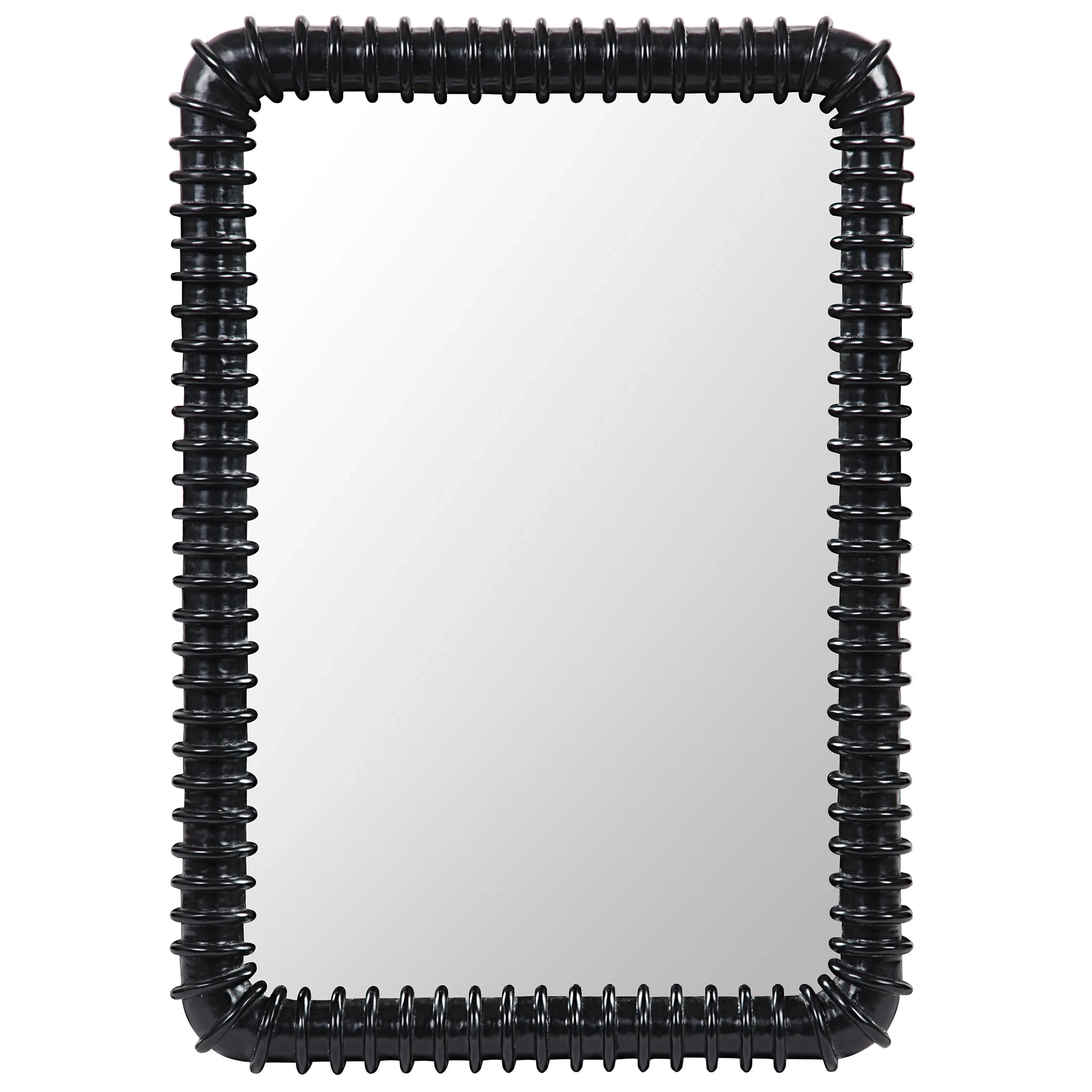 Sculpted Mahogany Mirror features a thick, black, ribbed frame with rounded corners for a bold, modern look. This large wall piece measures 26.5"W x 3"D x 37"H and features a clear reflection.