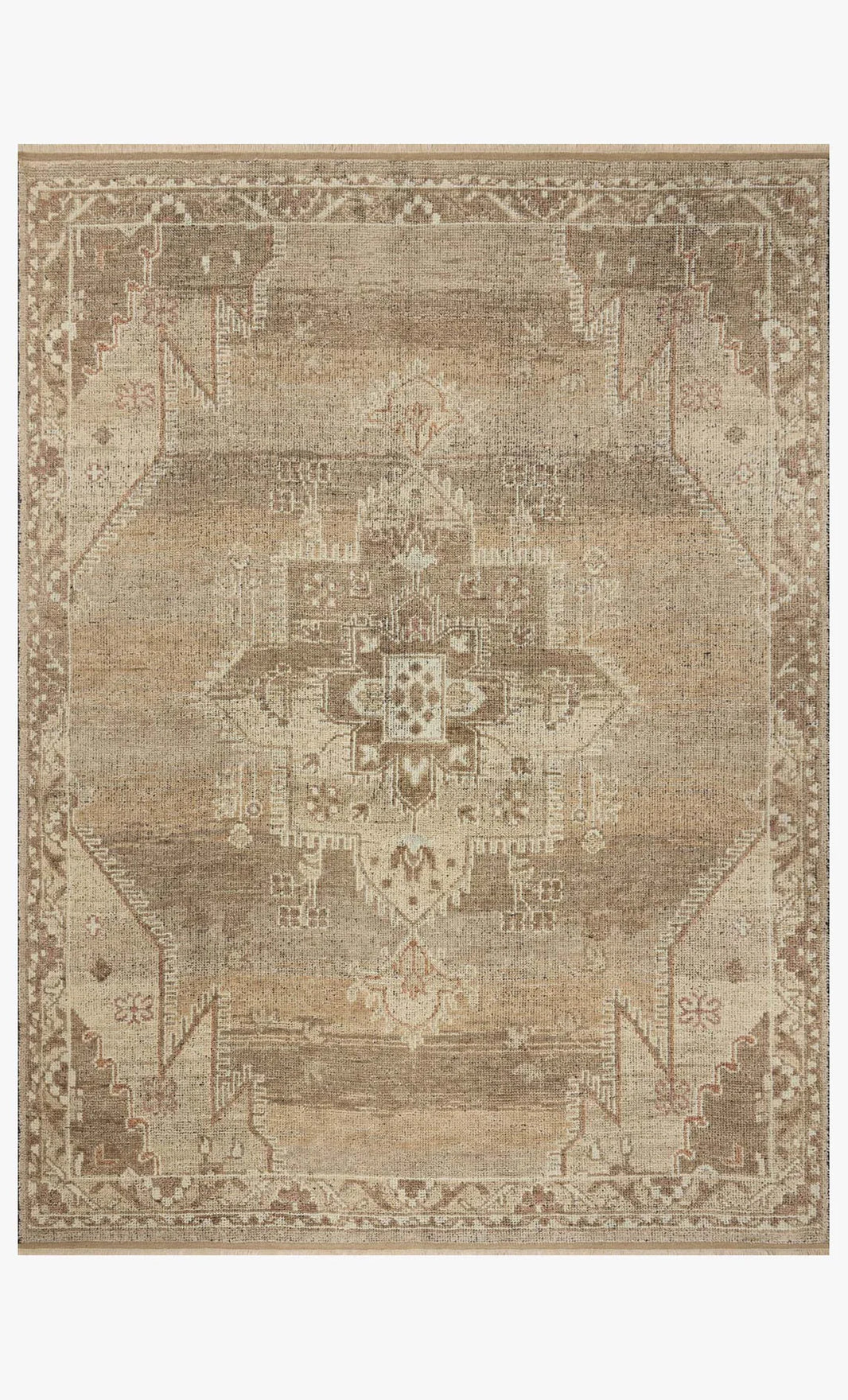 The Low Pile Turkish Rug - 8'6x11'6 showcases a vintage look with a large central medallion, geometric accents, and intricate borders in muted beige, brown, and tan hues. Its square shape and distressed design add traditional charm to any space.