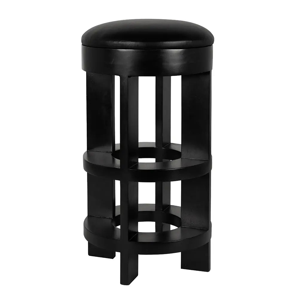 The Swivel Bar Stool features a modern black wooden frame with an open cylindrical base of vertical and horizontal slats, topped by a round cushioned leather seat—perfect for adding a sculptural accent to any space.