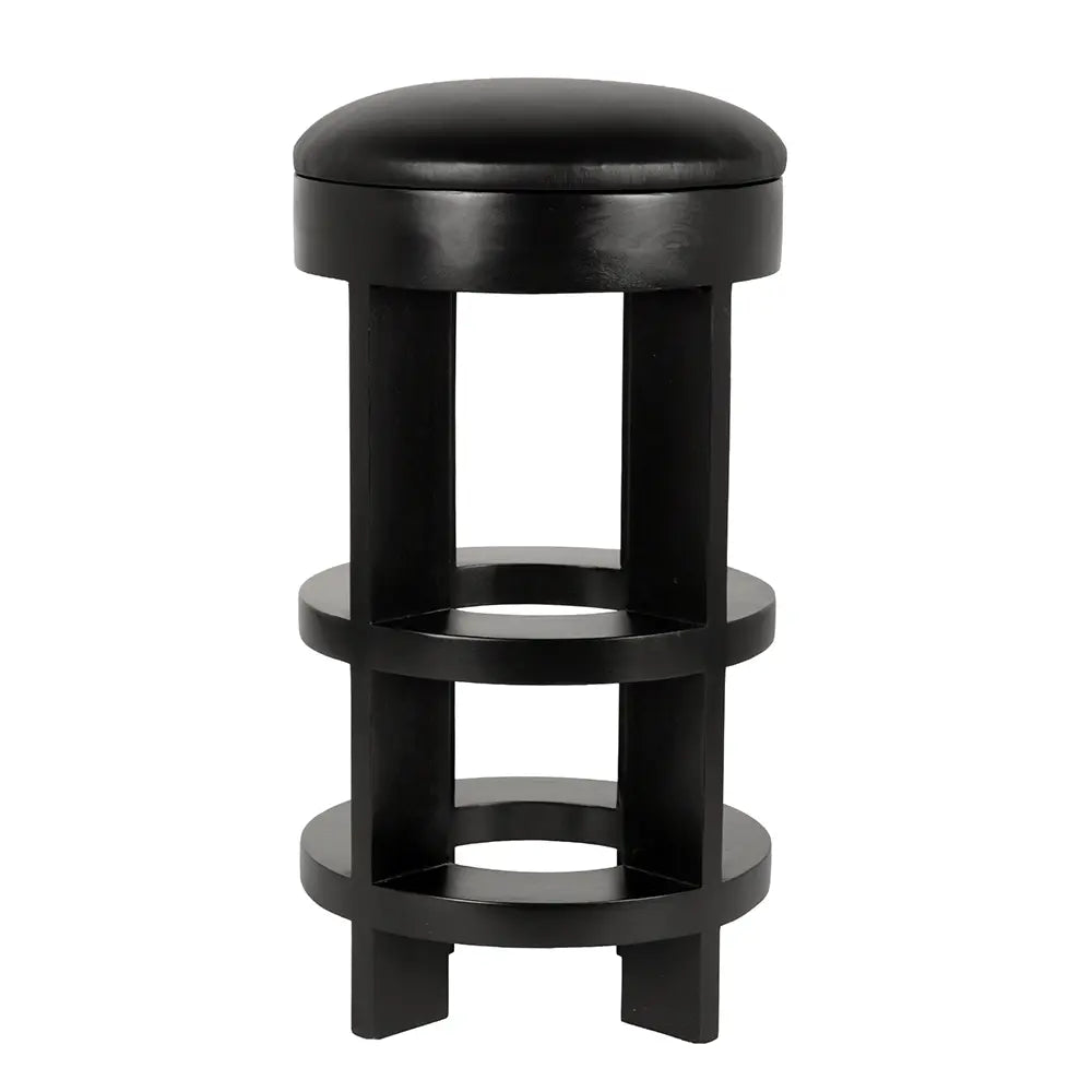 The Swivel Bar Stool features a modern hand-rubbed black finish, a round leather seat, four straight legs, dual circular footrests, and a sleek geometric design.
