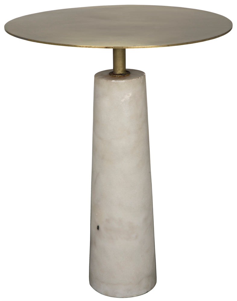 The Hotaru side table features a round, flat top with an antique brass finish and a cylindrical white marble base. Its minimalist, modern design makes it a stylish addition to any space.