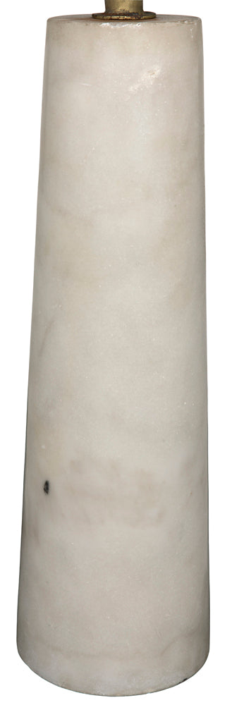 The Hotaru side table features a tall, cylindrical white marble base with subtle gray veining and a smooth surface, ideal as a modern accent table or lamp stand.