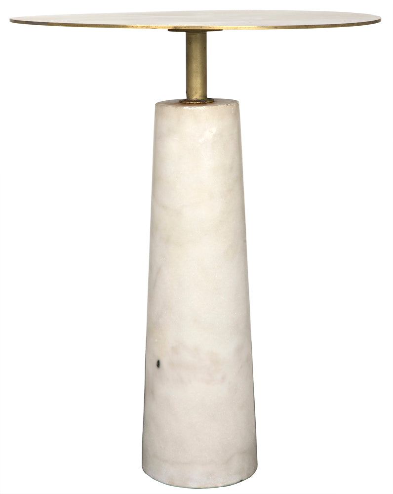 The Hotaru side table features a round, flat top in antique brass and a gently tapered cylindrical marble base, connected by a short central stem for an elegant, contemporary look.