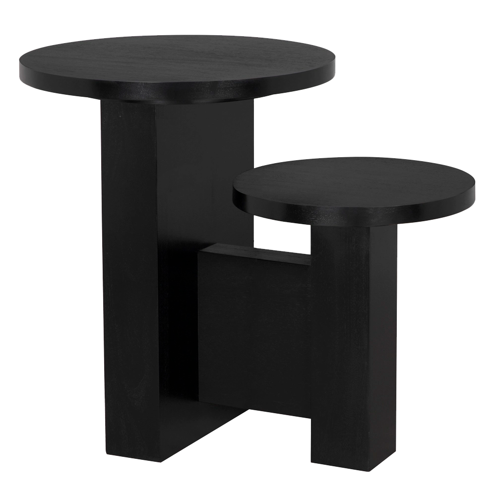 The Mikasa Side Table features two round black tabletops at different heights and sturdy rectangular legs, creating a modern accent piece that stands out against a light background.