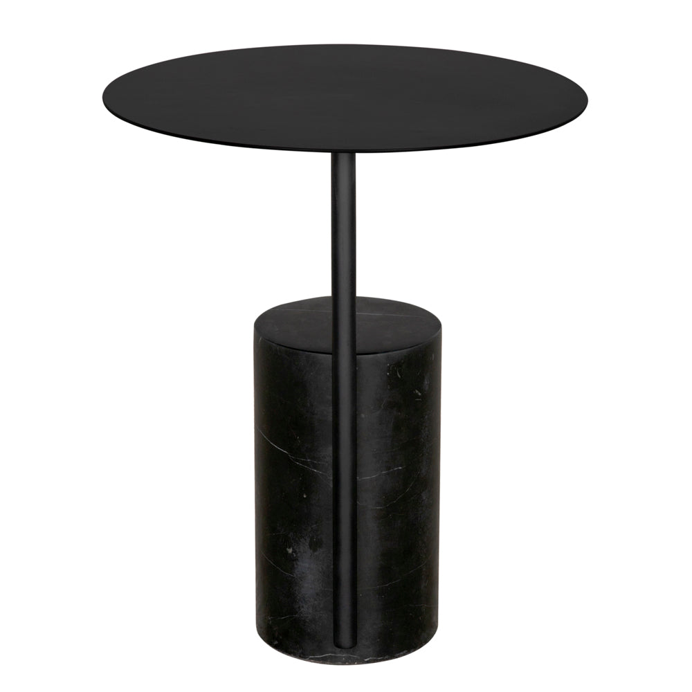 The Juma Side Table features a modern black marble design with a slim round top, central cylindrical support, and solid base—an ideal sleek accent for any space.