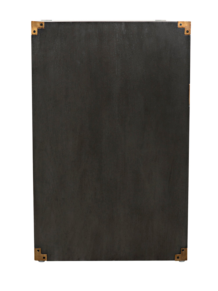 A rectangular, pale campaign chest panel with a smooth surface and four brass corner brackets, viewed from the back—an elegant detail characteristic of this refined storage piece.