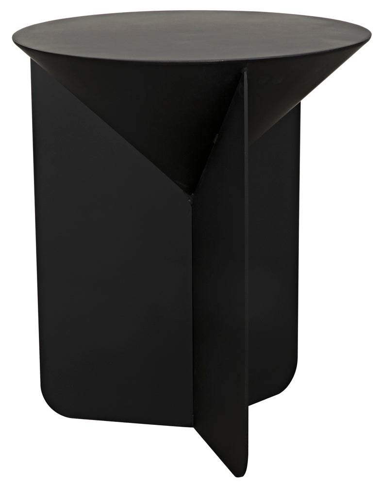 The Lora Side Table in black iron features a minimalist round top and a uniquely angled, geometric base with vertical and diagonal panels—ideal for adding modern style to your space.