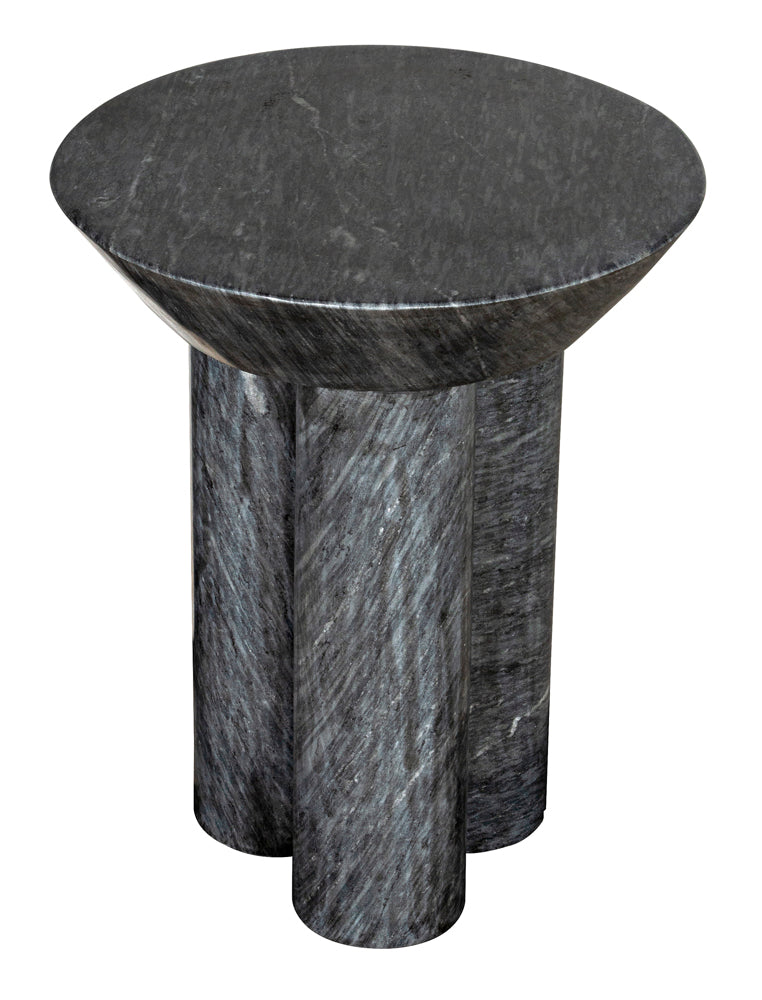 The Nox Side Table, B is a round black marble side table with a thick top and three cylindrical legs, featuring a polished stone texture and handcrafted marble details.