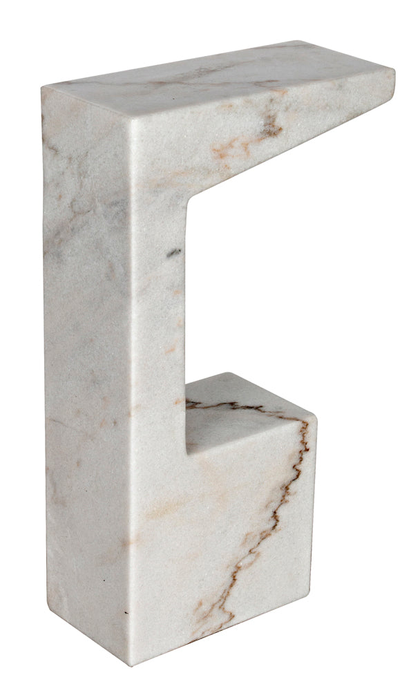 The Aero Side Table features clean lines and an angular, geometric C-shaped design in contemporary marble with gray and brown veining—perfect for adding a modern touch to any space.