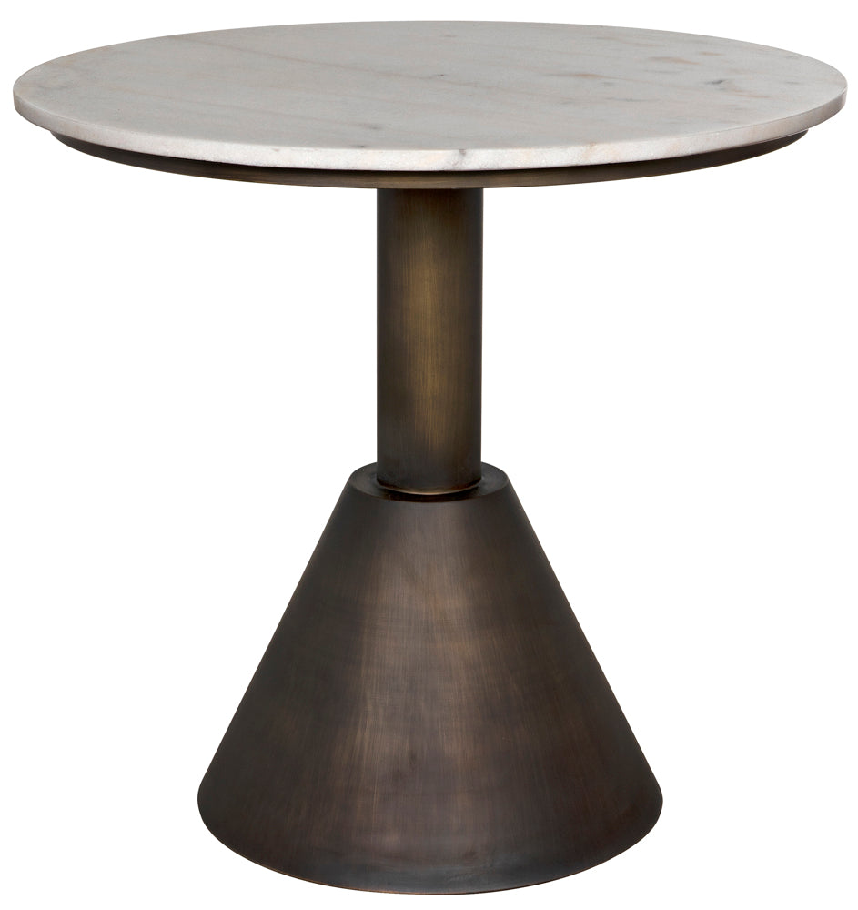The Joseph Side Table, Aged Brass, features a white marble top and a bronze-tone metal base with a cylindrical column and conical bottom, blending modern elegance with artisan-crafted style.