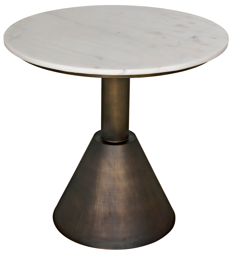 The Joseph Side Table, Aged Brass, features a smooth white marble round top and a sturdy cone-shaped metal base with an aged brass finish—an artisan-crafted piece that combines elegance and durability.