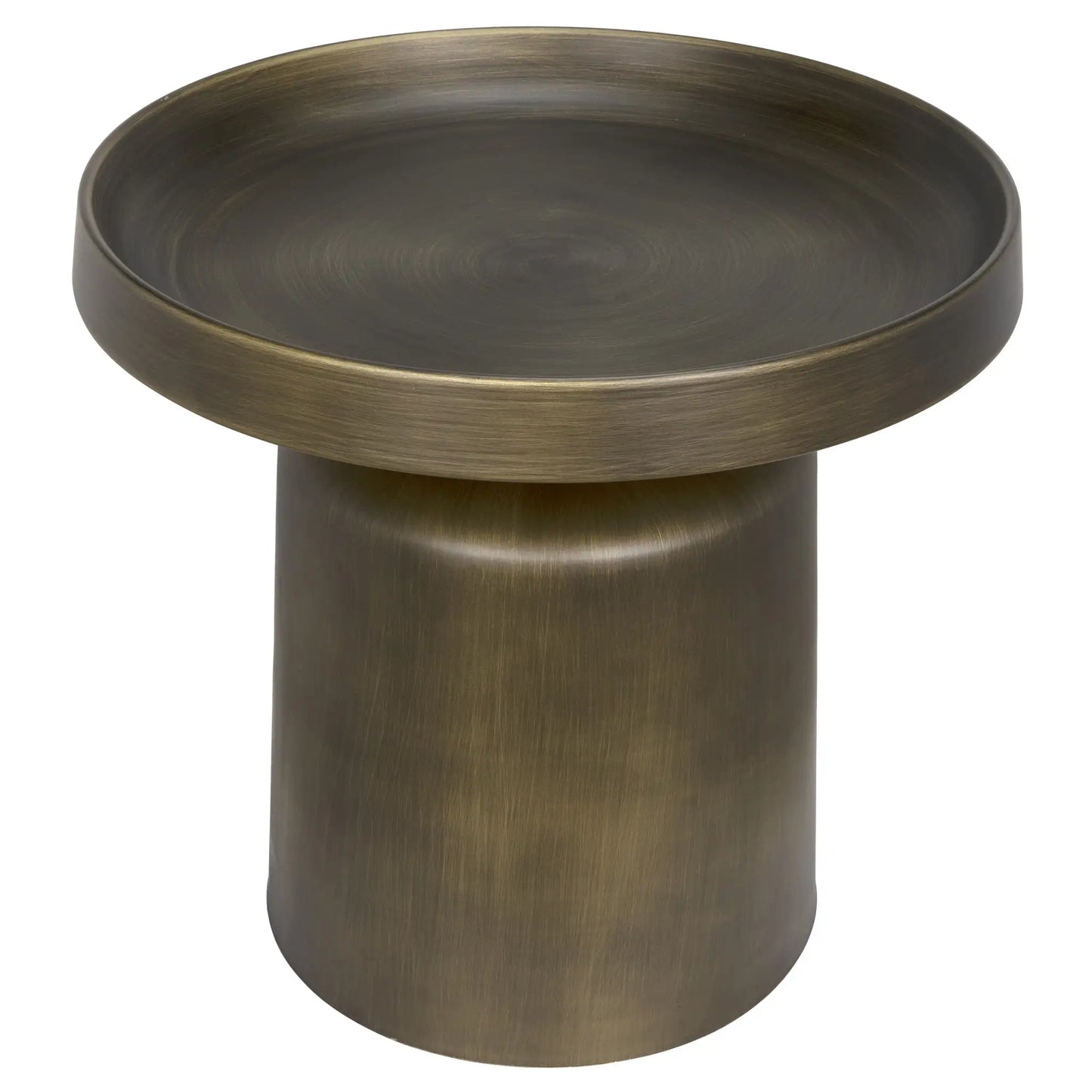 Aged Brass Tray Top Side Table—modern and minimalist with a round, wide, flat top and cylindrical base in a brushed bronze finish. Measures 19″W x 19″D x 18.5″H. Please contact us for product dimensions or lead time information.