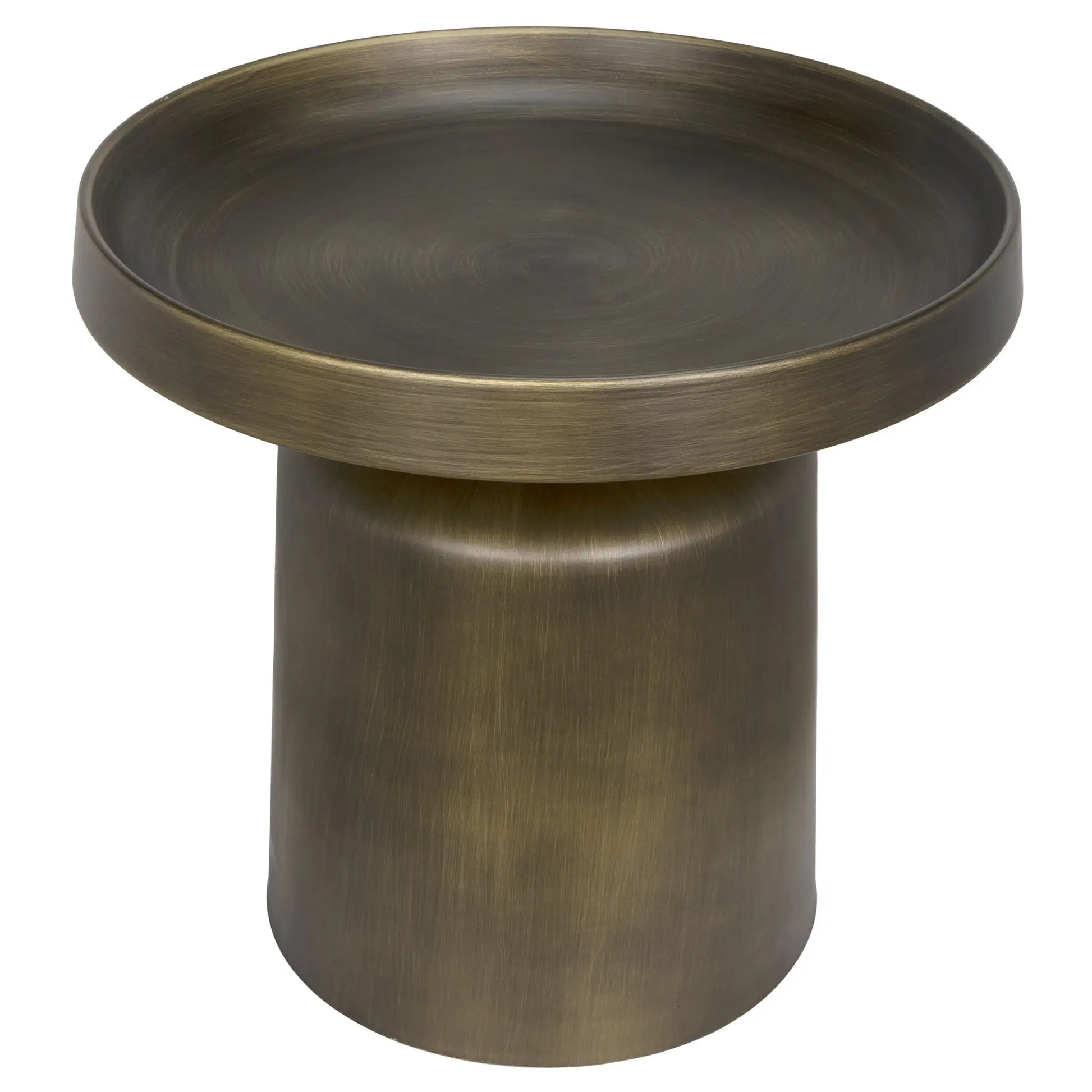 Aged Brass Tray Top Side Table—modern and minimalist with a round, wide, flat top and cylindrical base in a brushed bronze finish. Measures 19″W x 19″D x 18.5″H. Please contact us for product dimensions or lead time information.