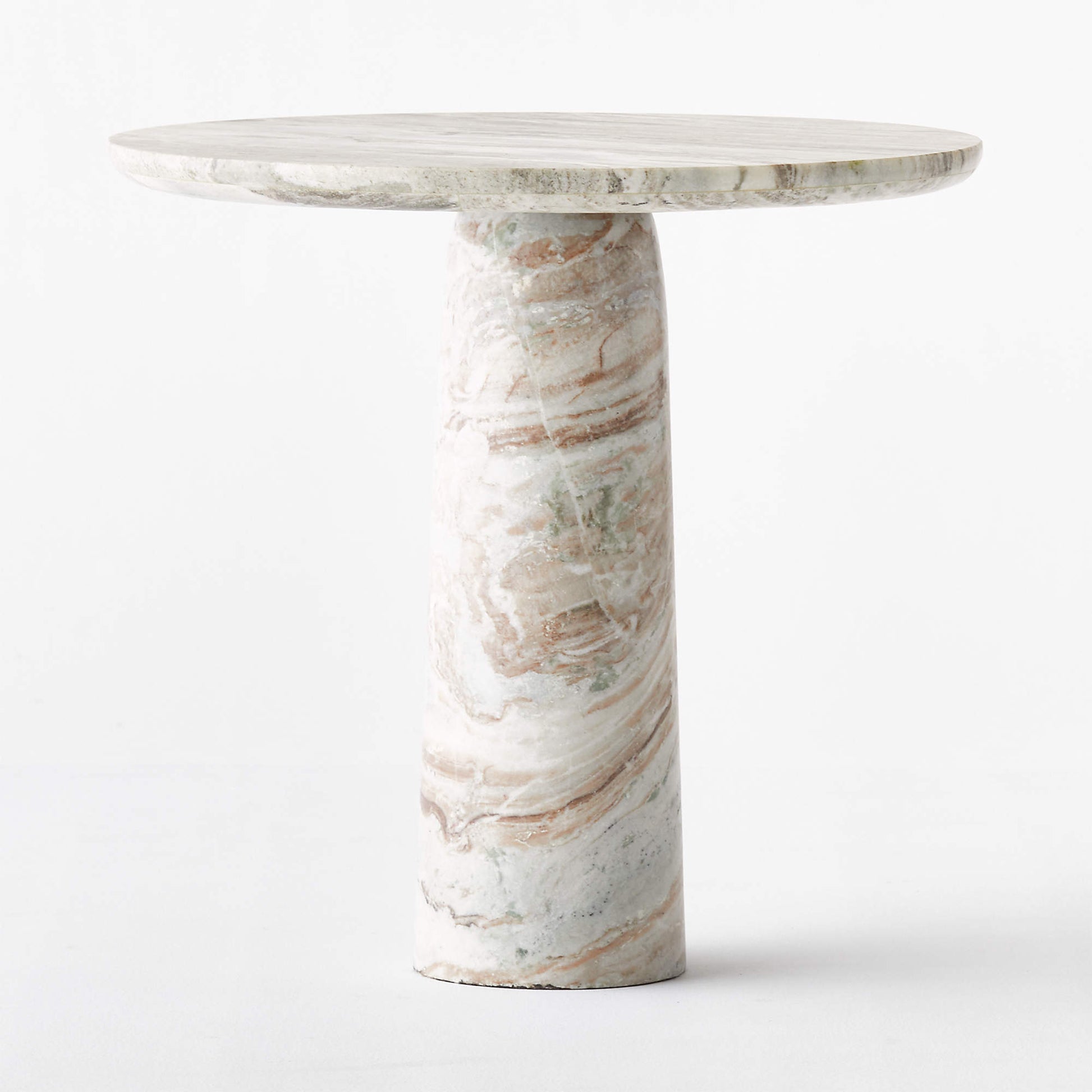 The Grey Marble Bistro Table features a thick, cylindrical base and a matching flat top, showcasing natural swirled patterns in shades of white, beige, and light brown. Designed as a 30-inch round table, it is displayed against a plain white background.