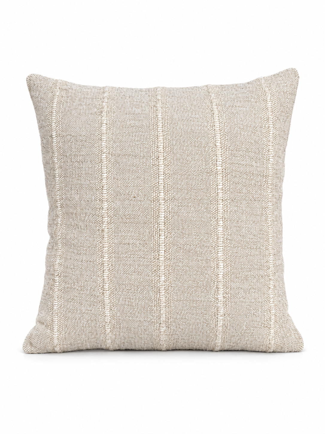 The Simple Stripe Pillow is an 18x18 square beige decorative pillow featuring textured fabric with vertical cream-colored stitched stripes, shown against a white background. This pillow brings subtle elegance to any space.