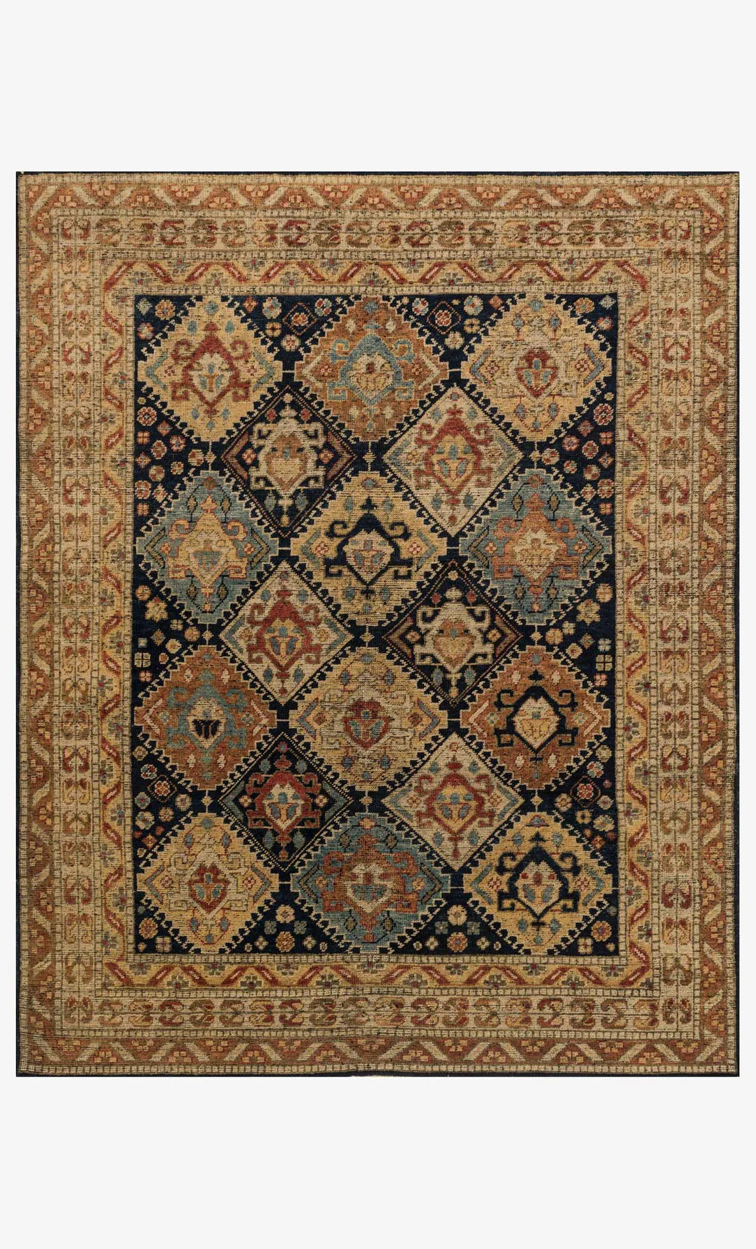 The Navy Traditional Diamond Rug 8 x 10 features a classic wool design with a diamond pattern in navy, gold, red, and beige, showcasing geometric and floral motifs along with an intricate border.