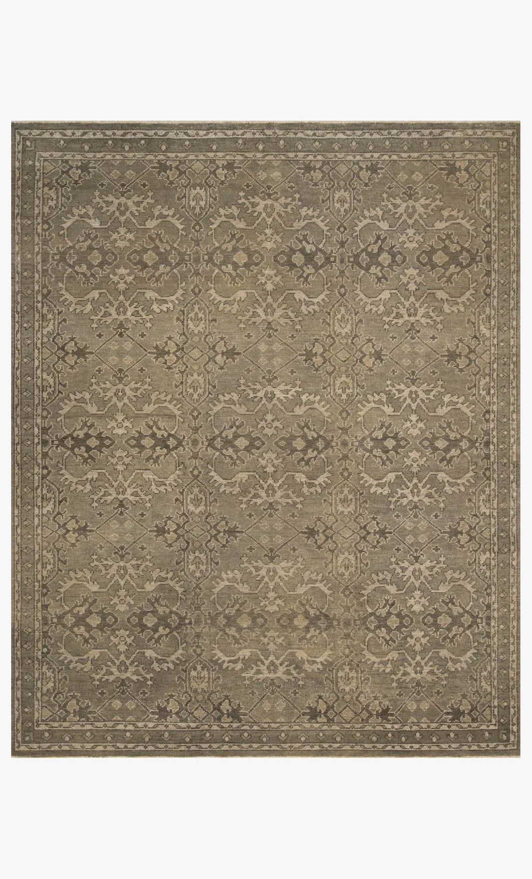 The Heirloom Rug Collection 8 x 10 features a hand-knotted wool design with a muted brown and beige palette, intricate floral and geometric patterns, a decorative border, and a plush pile height for extra comfort.