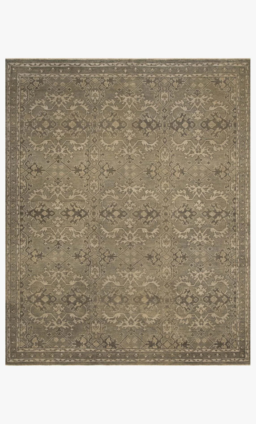 The Heirloom Rug Collection 8 x 10 features a hand-knotted wool design with a muted brown and beige palette, intricate floral and geometric patterns, a decorative border, and a plush pile height for extra comfort.