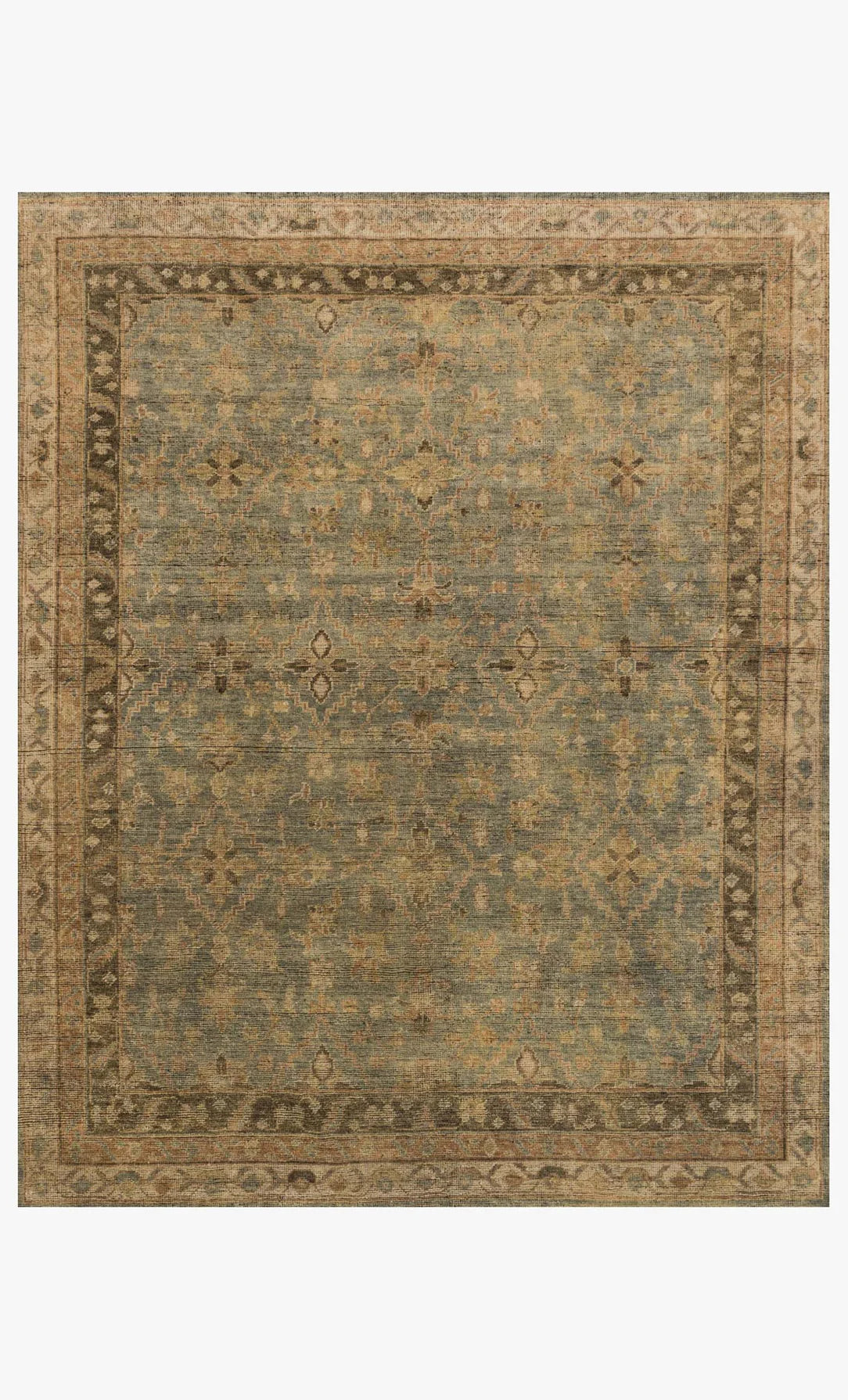 The Heirloom Rug Collection 8 x 10 is a square, hand-knotted wool rug with intricate traditional patterns in muted green, gold, and brown. It features a detailed border, central medallion motif, plush pile height, and an aged vintage look.