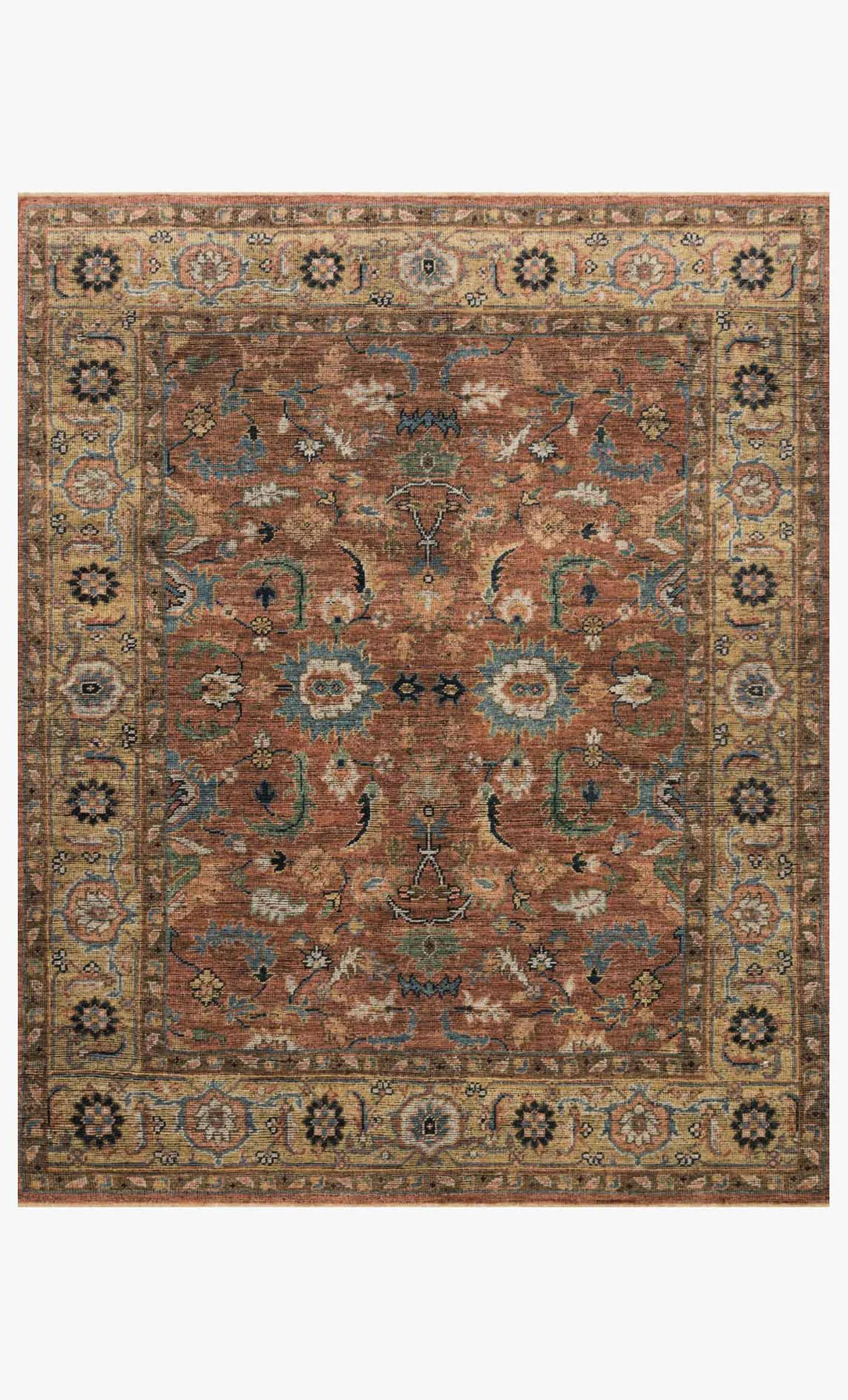 The Heirloom Rug Collection 8 x 10 is a square Persian-style wool rug, hand-knotted for quality, with an intricate floral and geometric pattern in earthy rust, brown, beige, blue, and green tones plus a decorative border.