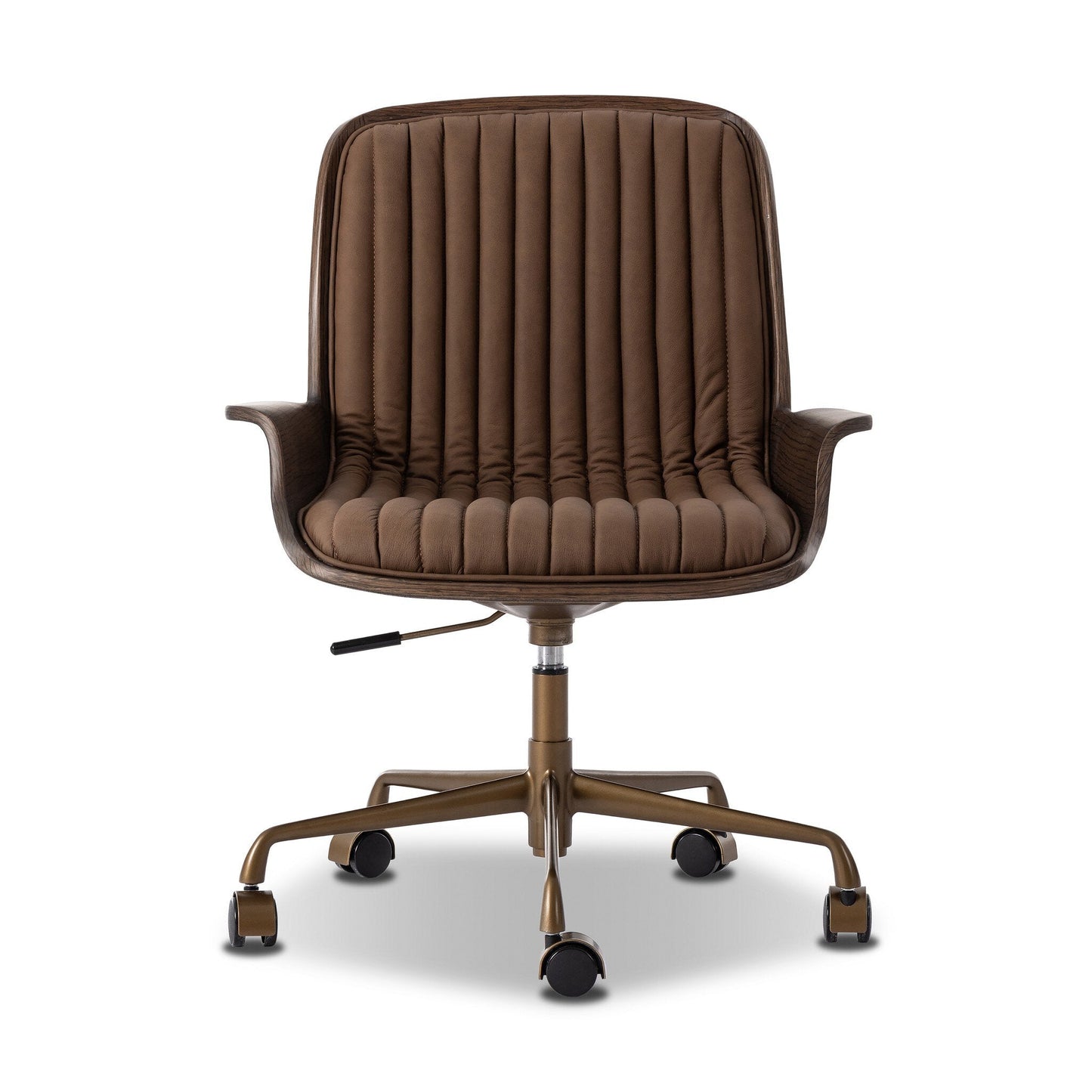 The Frankie Desk Chair is a brown upholstered office chair with vertical stitching, curved armrests, a metal five-wheel base, and an adjustable height lever. Its dimensions are 25.75"w x 27.00"d x 33.50"h.