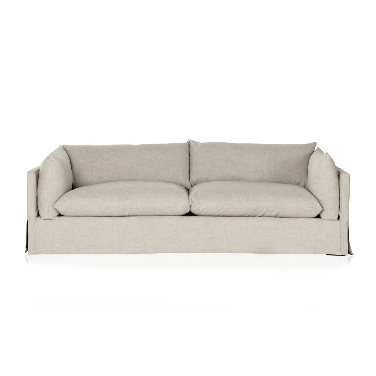 The Slipcover Lounge Sofa features modern light gray upholstery, two large seat and back cushions, and low square armrests. Shown against a white background; overall dimensions: 96.50"w x 40.00"d x 30.00"h.