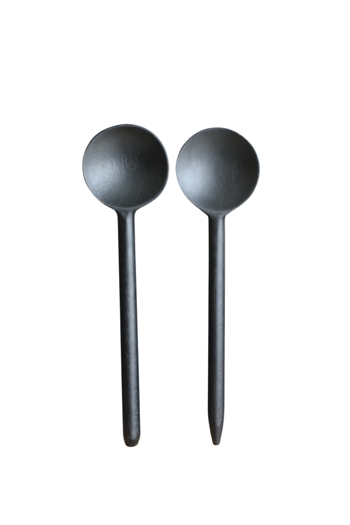 Two Hand Carved Wood Spoons - Black, each with a matte finish, round bowl, and straight handle (11”L x 3”W), are placed side by side on a white background.