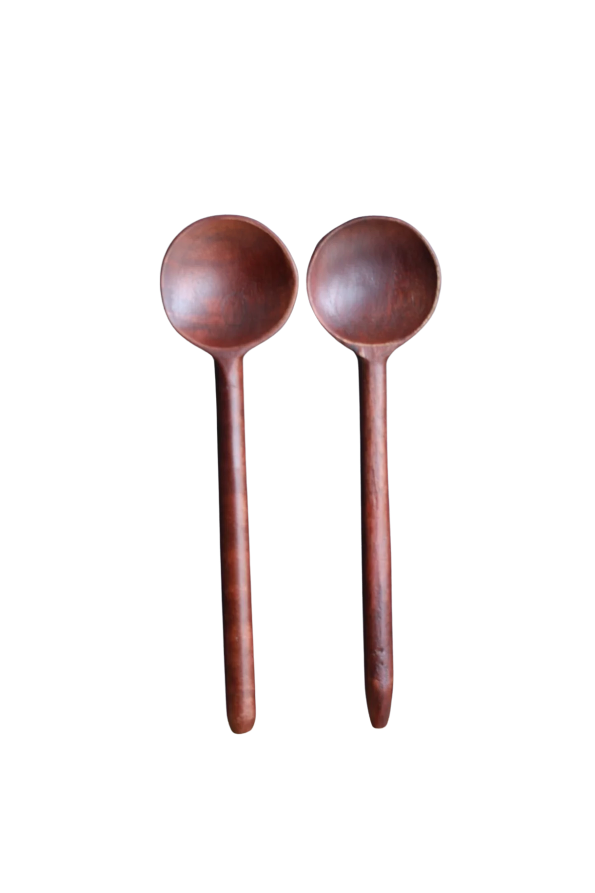 Two Hand Carved Wood Spoons - Brown, each 11”L x 3”W with round bowls and long handles, are placed side by side on a white background.