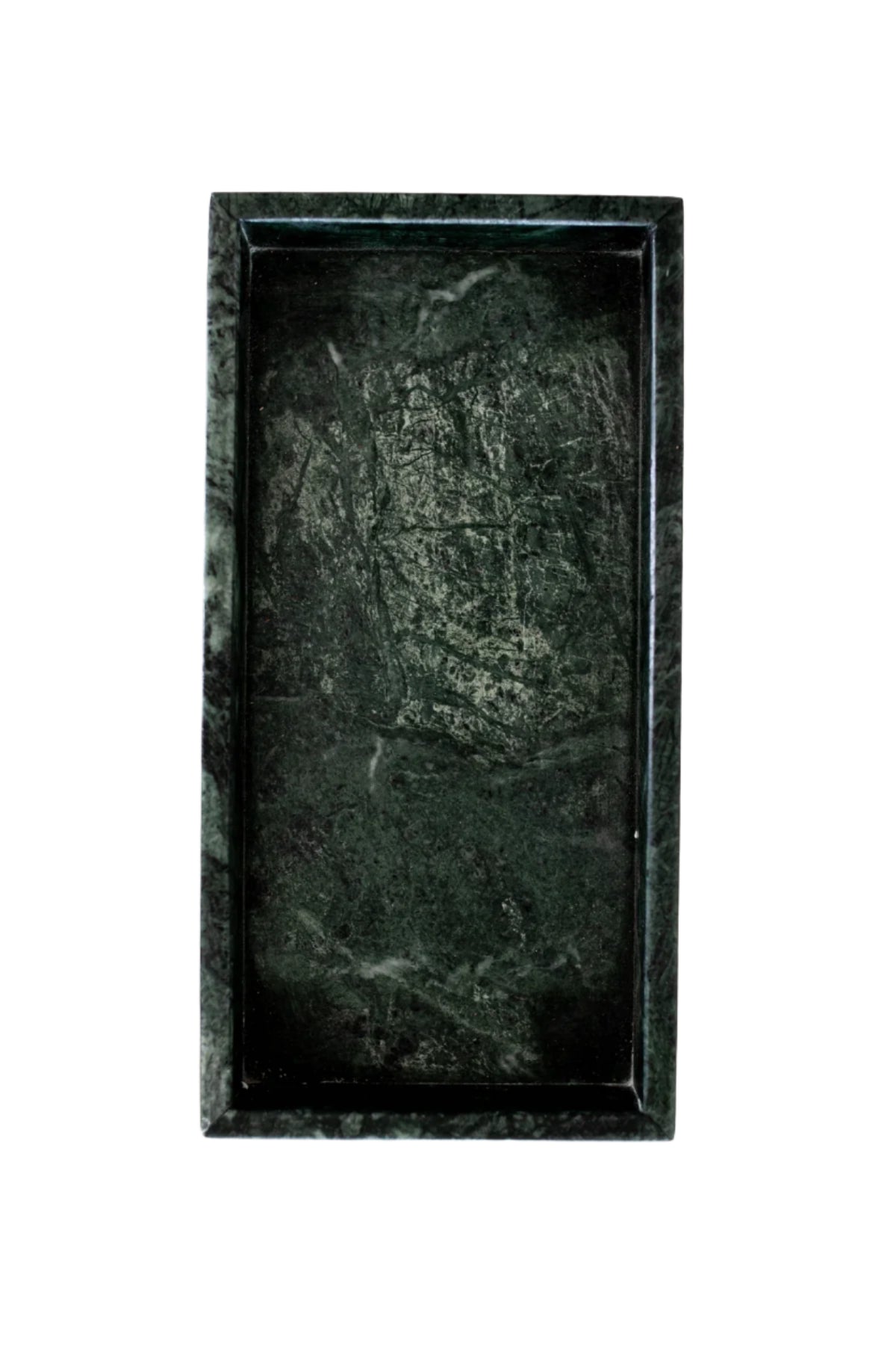 Dark Green Marble Tray with raised edges, featuring a polished textured surface and natural stone patterns; measures 11.5 x 6 x 1.5 inches and is shown on a white background.