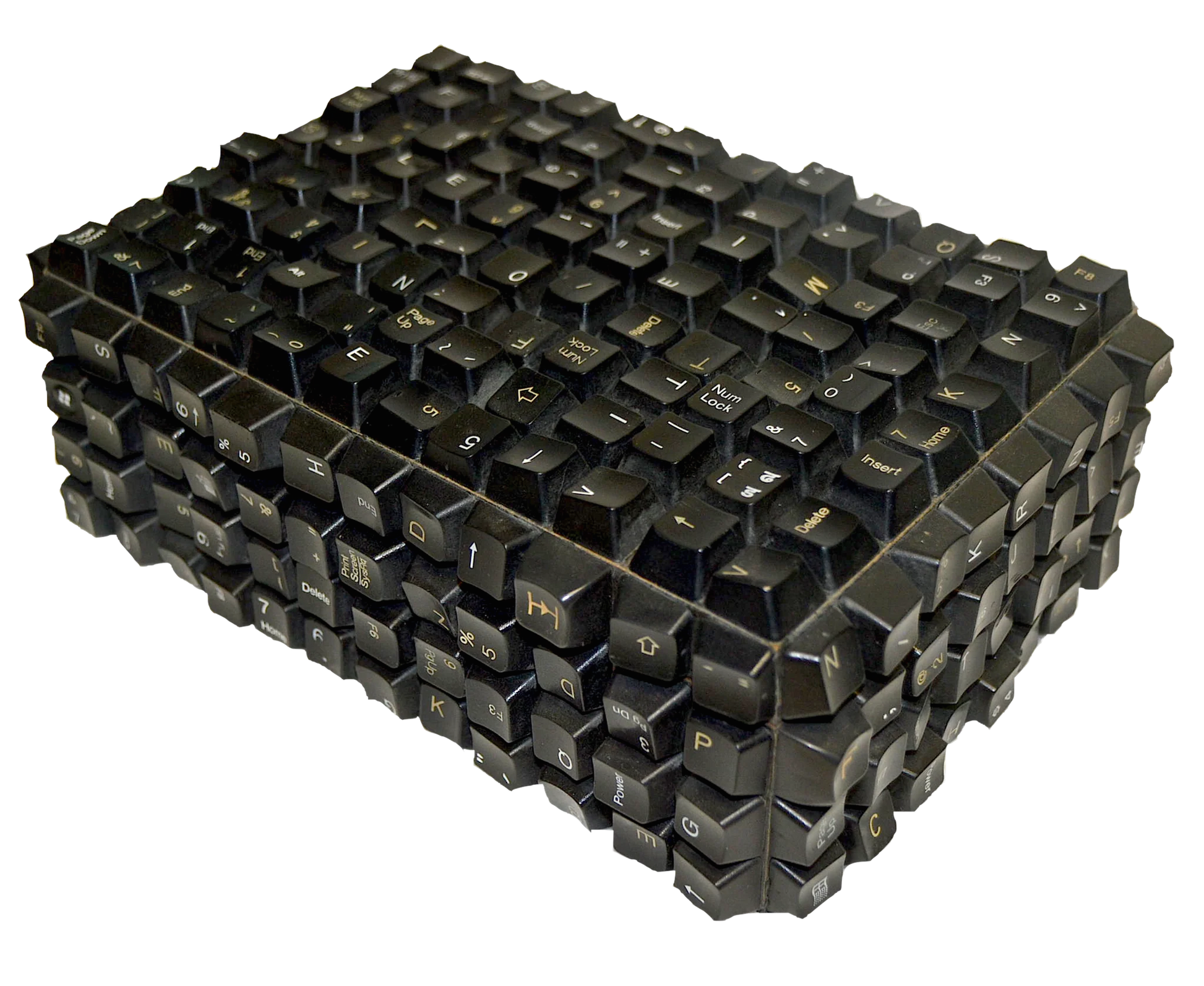 The Large Computer Key Box is a solid rectangular block, measuring 9.5”D x 10”L x 4”H, made entirely from black computer keyboard keys arranged in rows and columns.