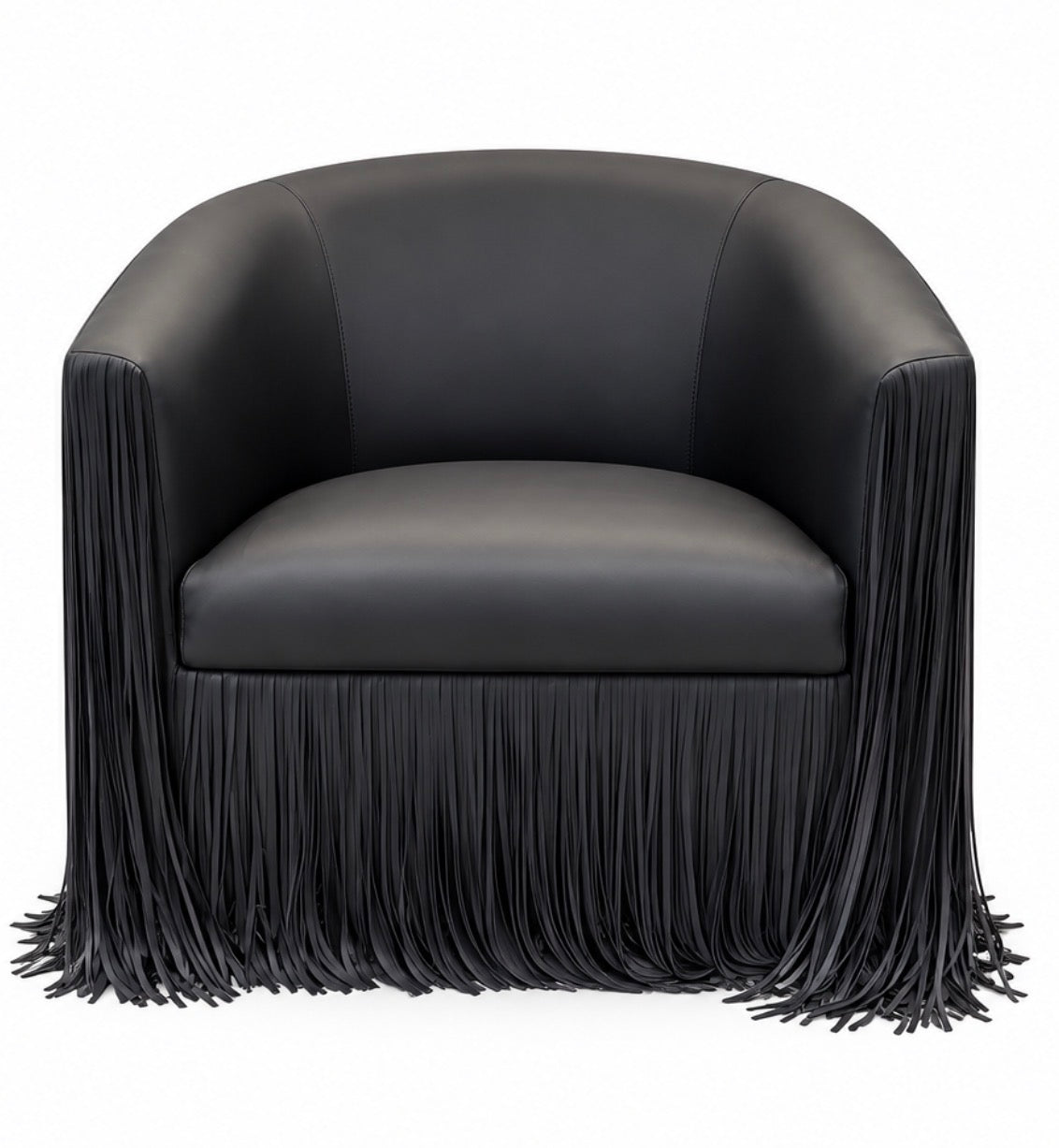 Black Leather Fringe Lounge Chair with a rounded back and long fringe trim covering the sides and base in a compact size.