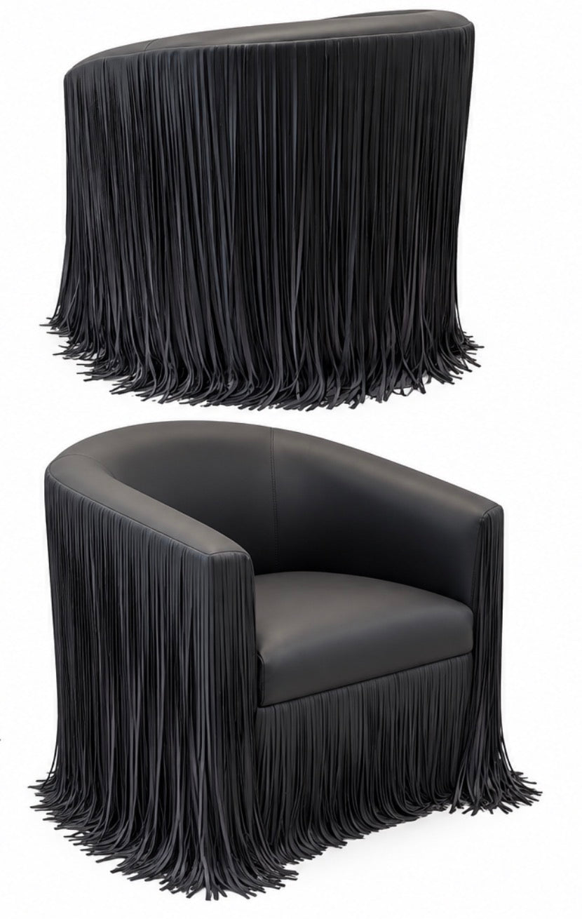 Two views of a Black Leather Fringe Lounge Chair covered in long, vertical fringe, shown with its furniture size and sofa dimensions.