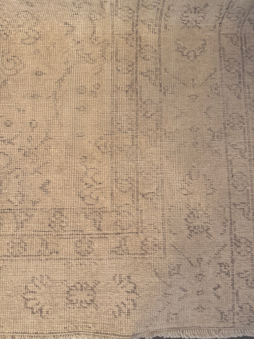 A 6'x9' Cream Area Rug featuring a vintage-inspired faded floral and geometric pattern in beige tones. The rug's worn texture and fringed bottom edge lend a charming, timeless appeal to any space.