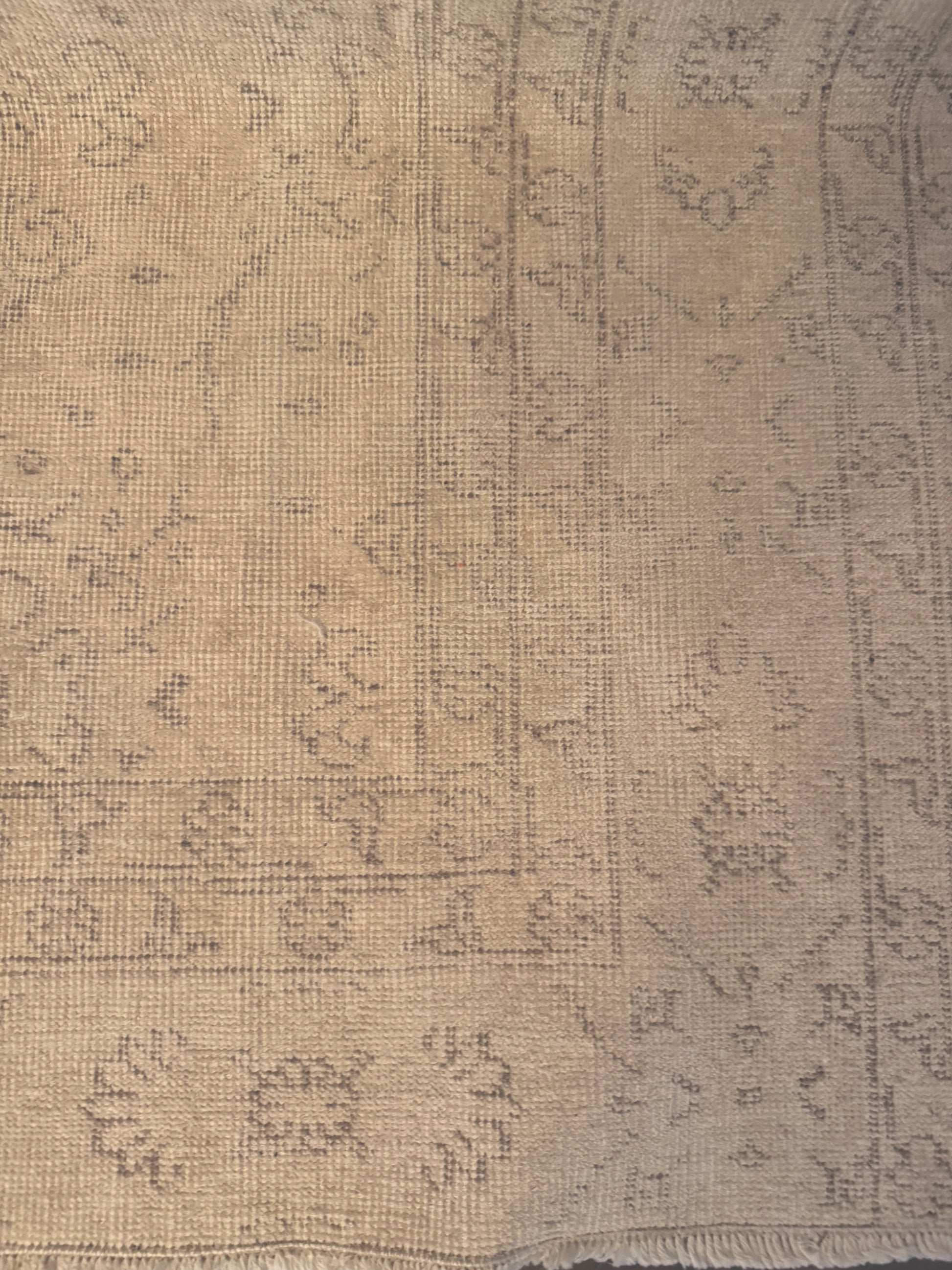 A 6'x9' Cream Area Rug featuring a vintage-inspired faded floral and geometric pattern in beige tones. The rug's worn texture and fringed bottom edge lend a charming, timeless appeal to any space.