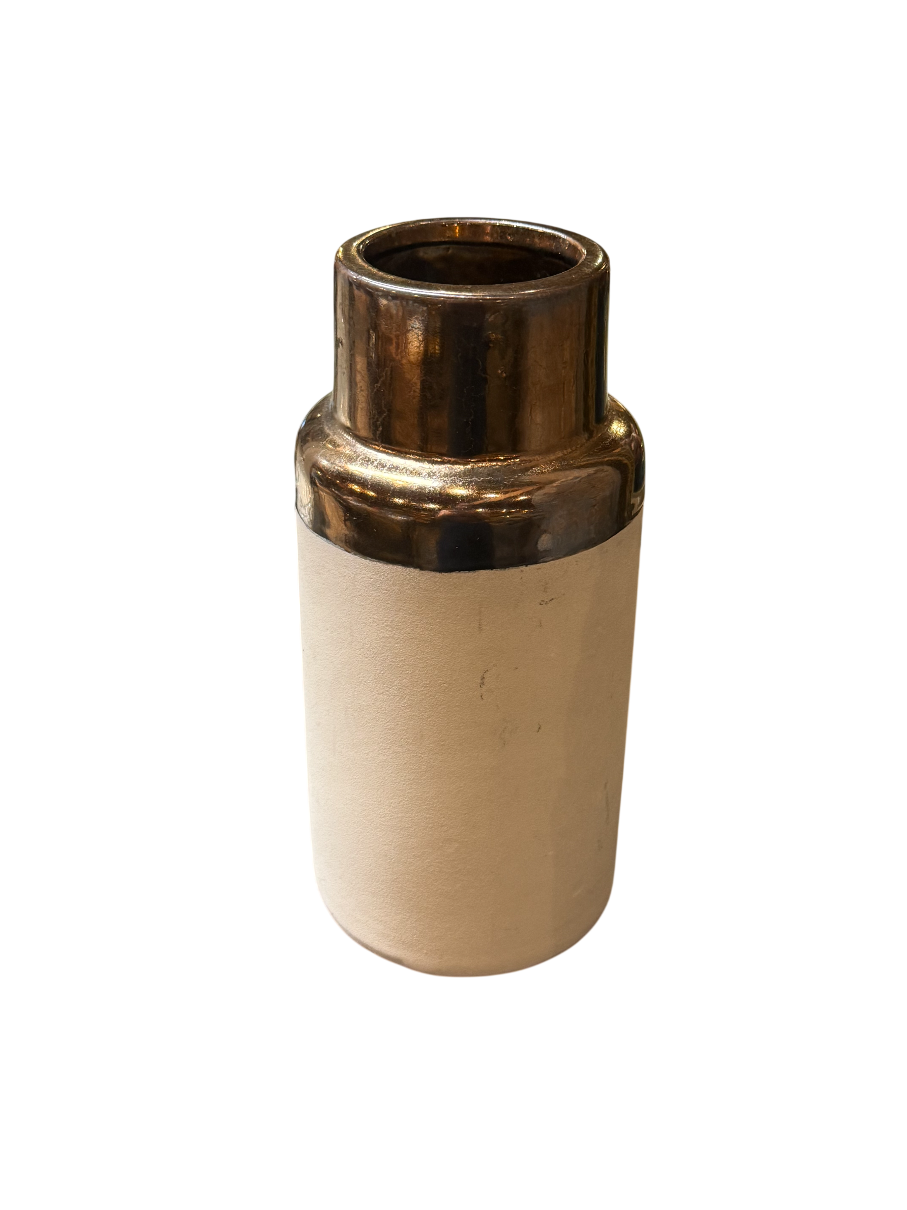 The Metallic and Ceramic Vase features a cylindrical design with a metallic gold top and a matte beige ceramic bottom. Photographed on a white background, this vase measures 9.25″ high with an overall diameter of 4.25″, bringing modern elegance to any space.