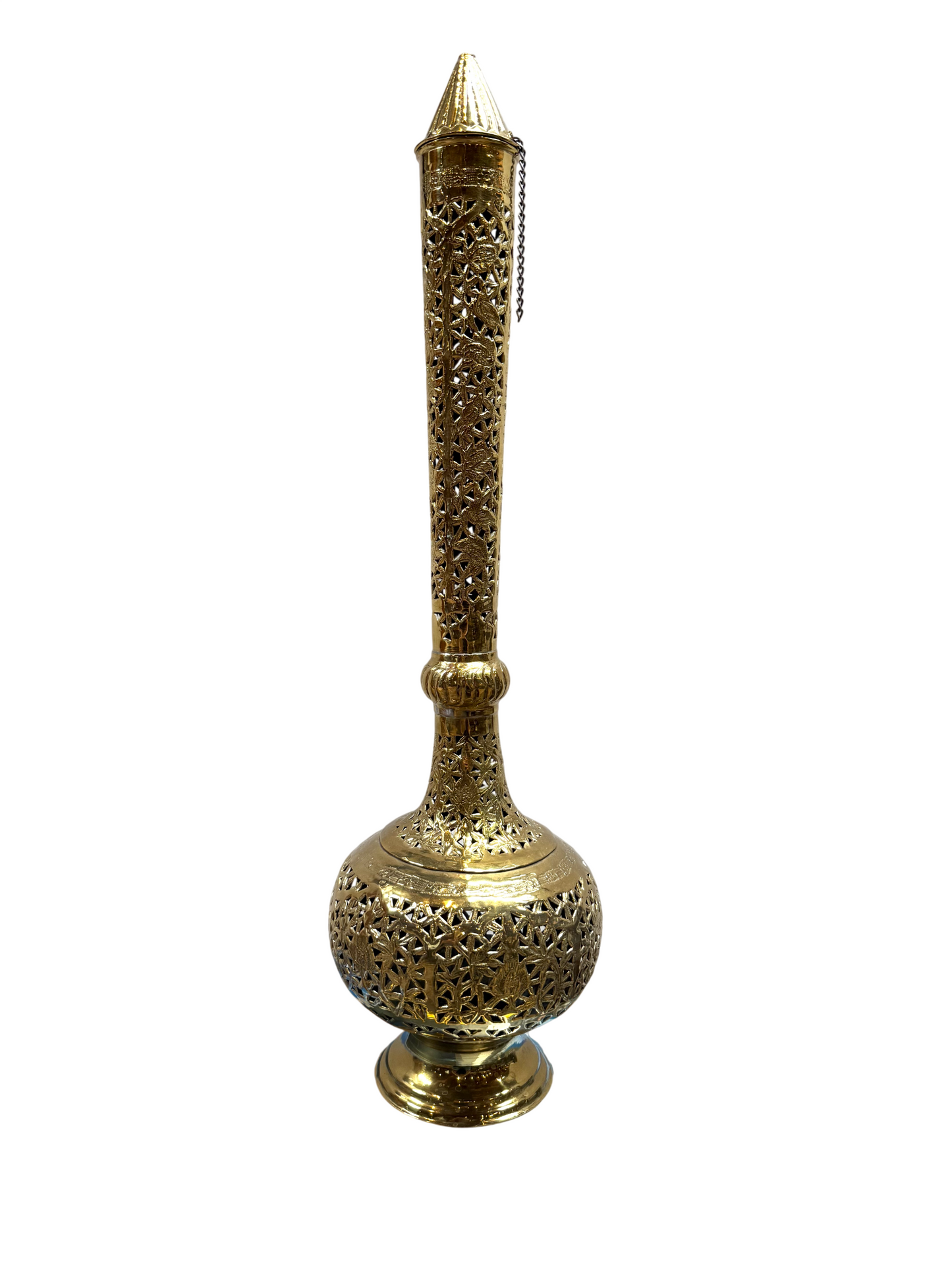 Add an exotic touch to your space with the Moroccan Brass Incense Burner, featuring a long, narrow neck and intricate cut-out floral designs. Standing elegantly on a round base with a cap attached by a small chain, this 6-inch decorative piece is perfect for infusing any room with sophistication.