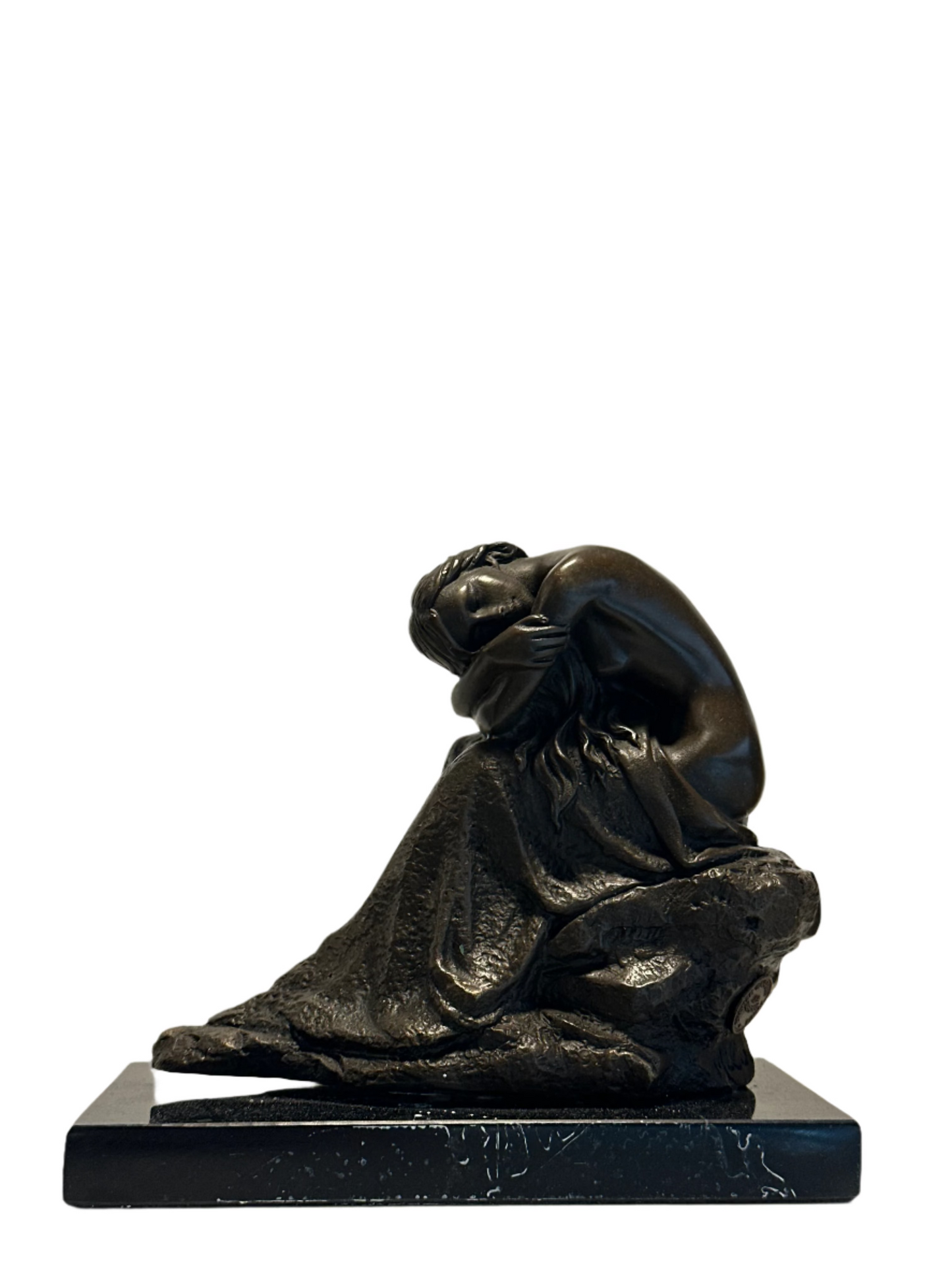 Bronze Nude Figure: a bronze sculpture of a seated nude woman resting her head on folded arms and knees, draped with cloth, set on a black rectangular base against a white background.