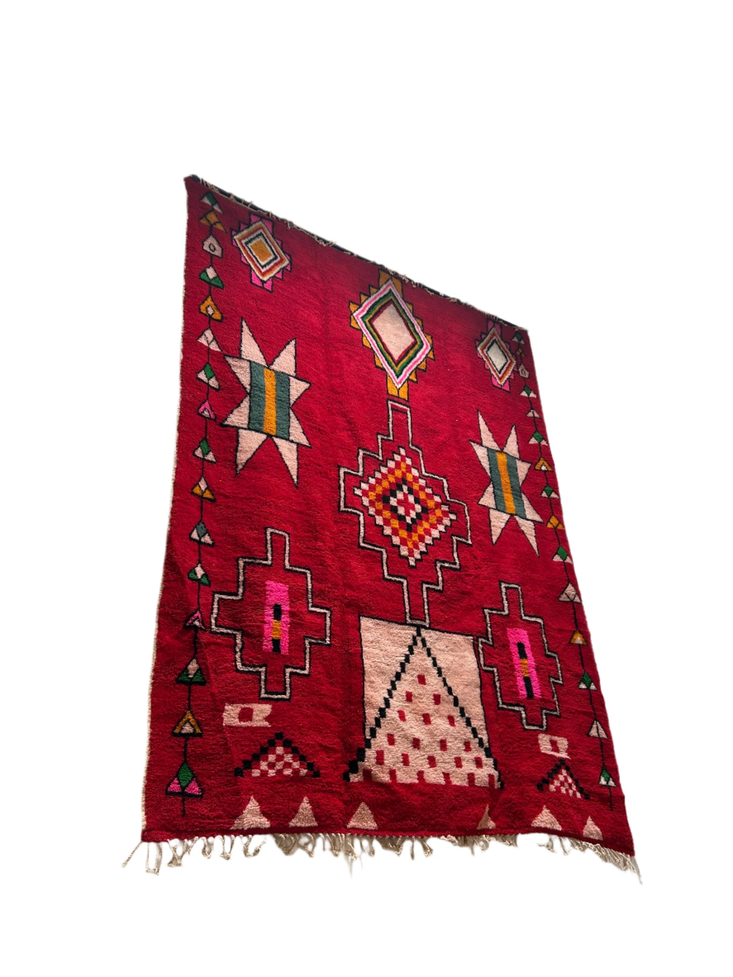 The 10'x14' Colorful Vintage Moroccan Area Rug, featuring vibrant red with geometric diamond, star, and cross patterns in white, pink, yellow, green, and black, adds bold style to any room or garden shed.