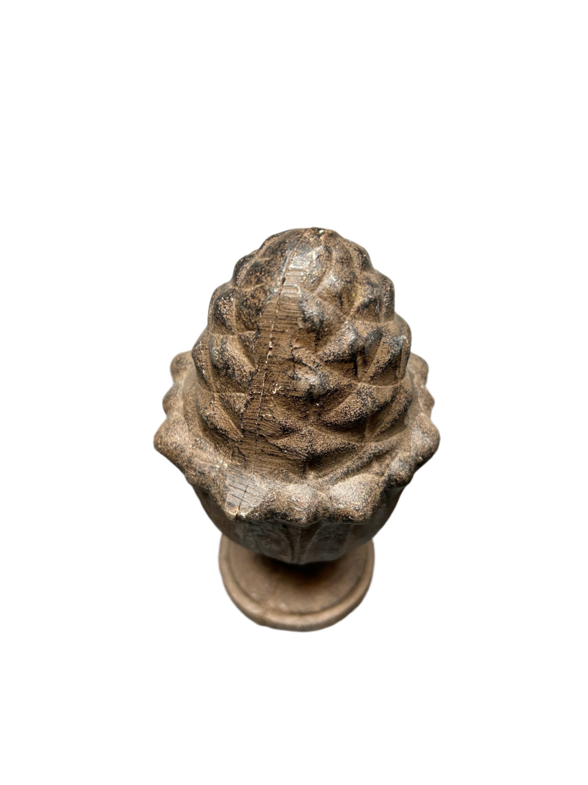 A Decorative Iron Acorn Finial shown from above against a white background, featuring a textured finish and visible central seam for a natural look.