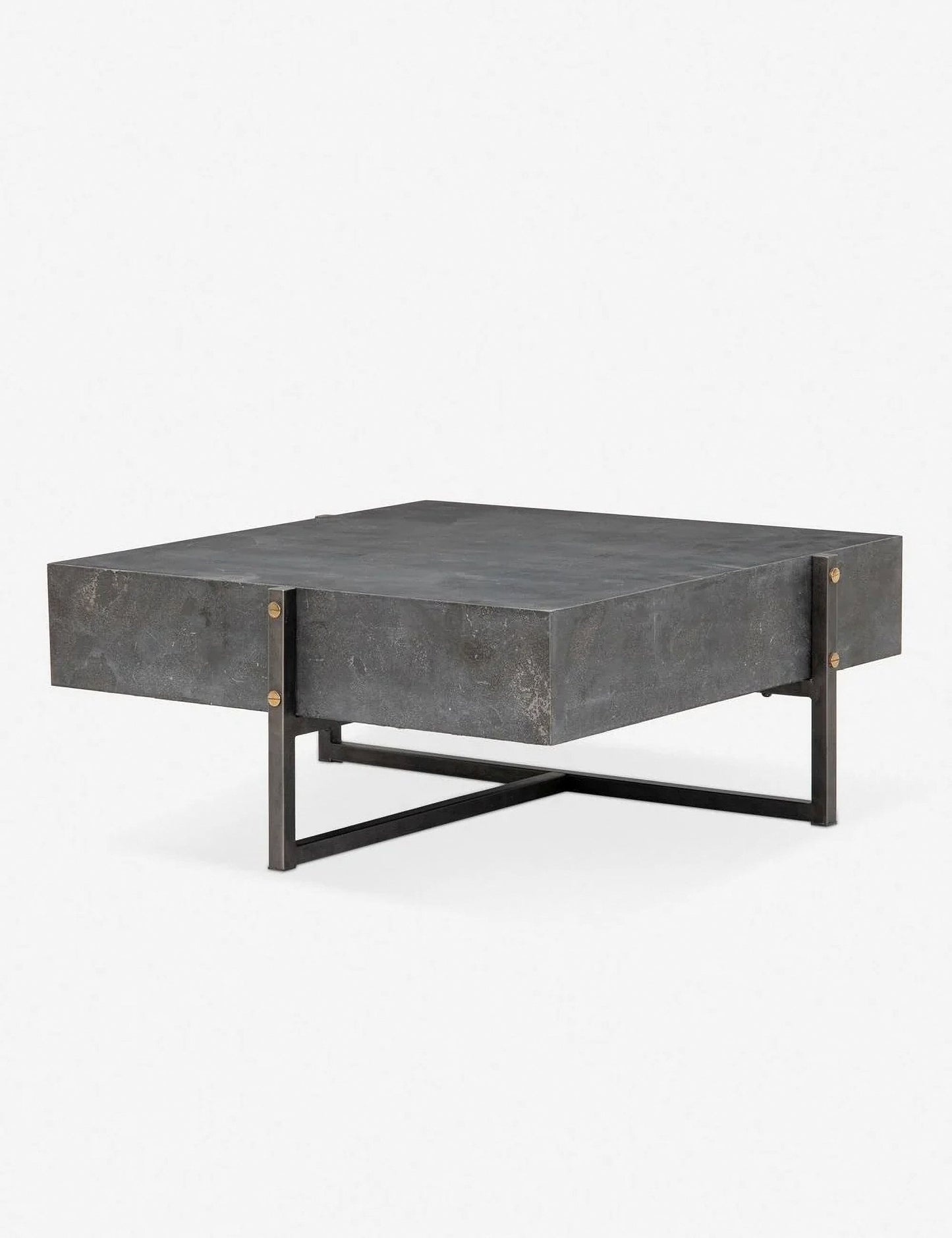The Keppler Square Coffee Table features a modern dark stone top and minimal black metal frame with four legs, accented by brass details at each corner.