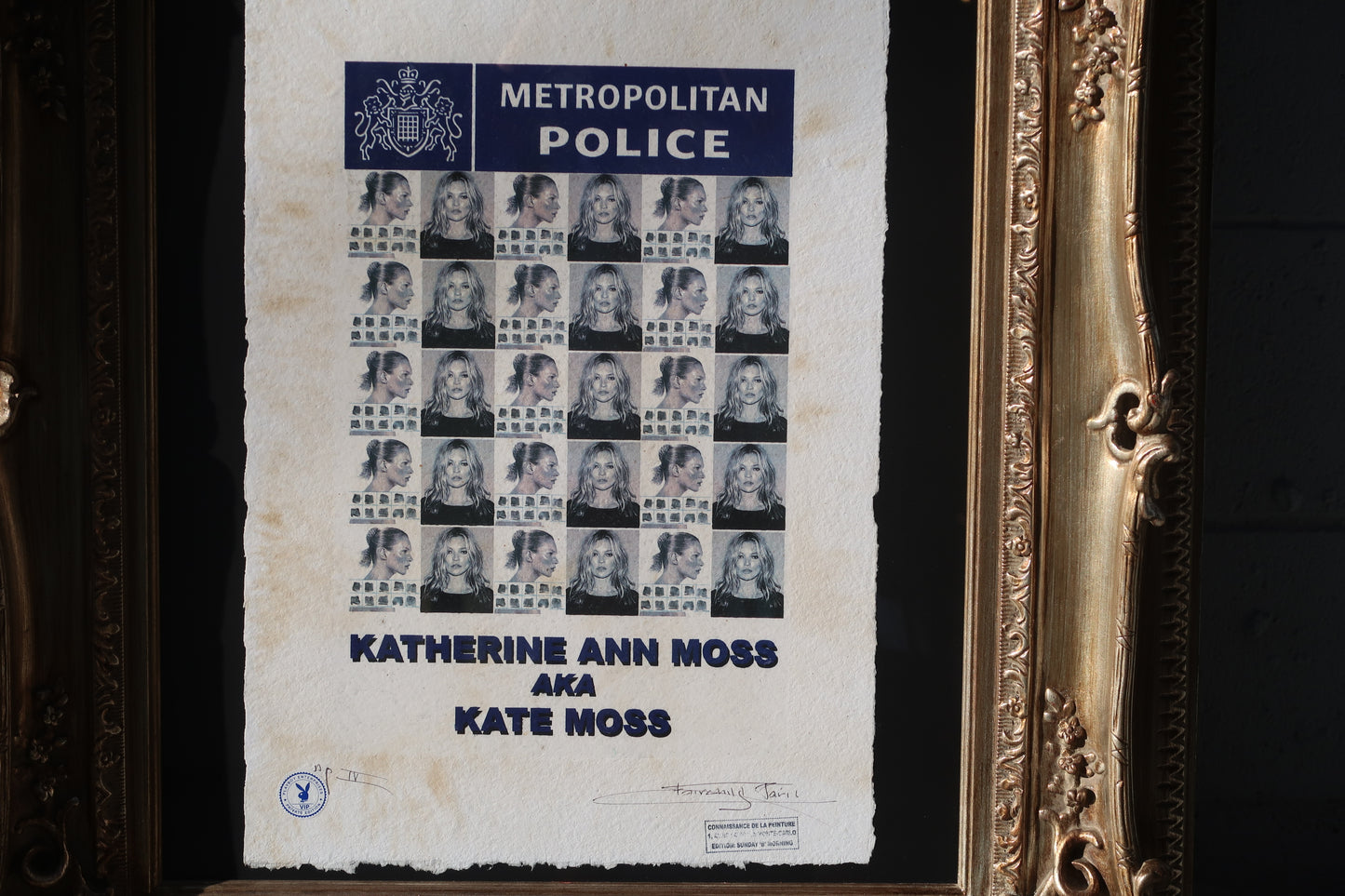 The Kate Moss Print - Vintage Art Deco Frame showcases a 34-inch poster styled as a police lineup, featuring black-and-white portraits and labeled with METROPOLITAN POLICE and KATHERINE ANN MOSS AKA KATE MOSS.