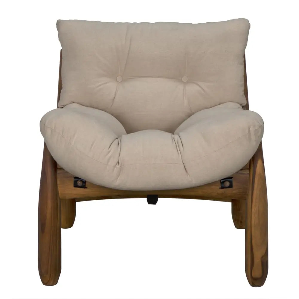 The Dante Hammock Accent Chair features a curved wooden frame and a light beige, tufted cushion. Plushly padded for comfort, it measures 30W x 32D x 34H and is shown from the front.
