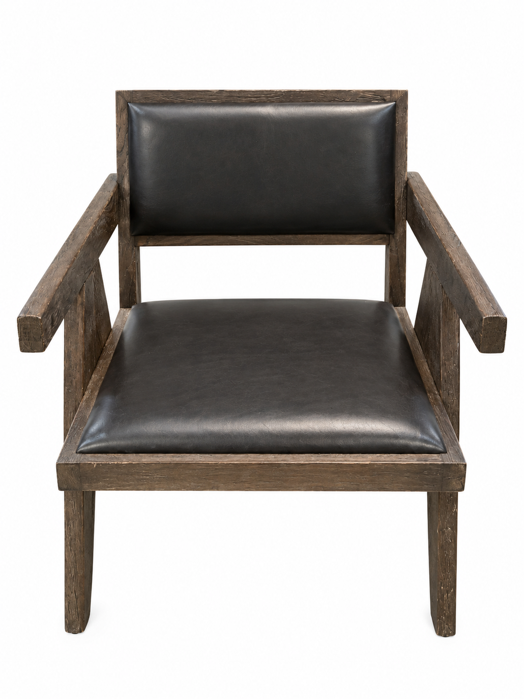 The V-Leg Wood & Leather Armchair features a dark brown wooden frame and black leather seat and backrest, measuring 29.5″H and 22.75″W, shown front-facing against a white background.