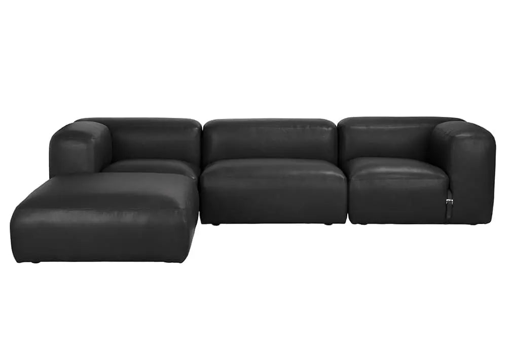 The Modular Black Leather Belted Sofa features curved armrests and a left-side chaise lounge, upholstered in sleek leather. Available in multiple configurations to suit your space, shown from the front against a white background.