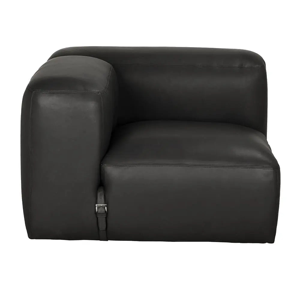 The Modular Black Leather Belted Sofa features wide, blocky cushions, a low backrest, sleek minimalist design, and a metal buckle detail on the front corner for a modern touch.
