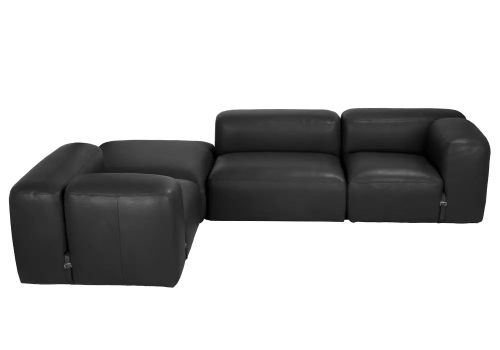 The Buckled Black Leather Modular Sofa is a modern, L-shaped sectional with three main seats and an ottoman on a white background, offering versatile seating with its modular design.