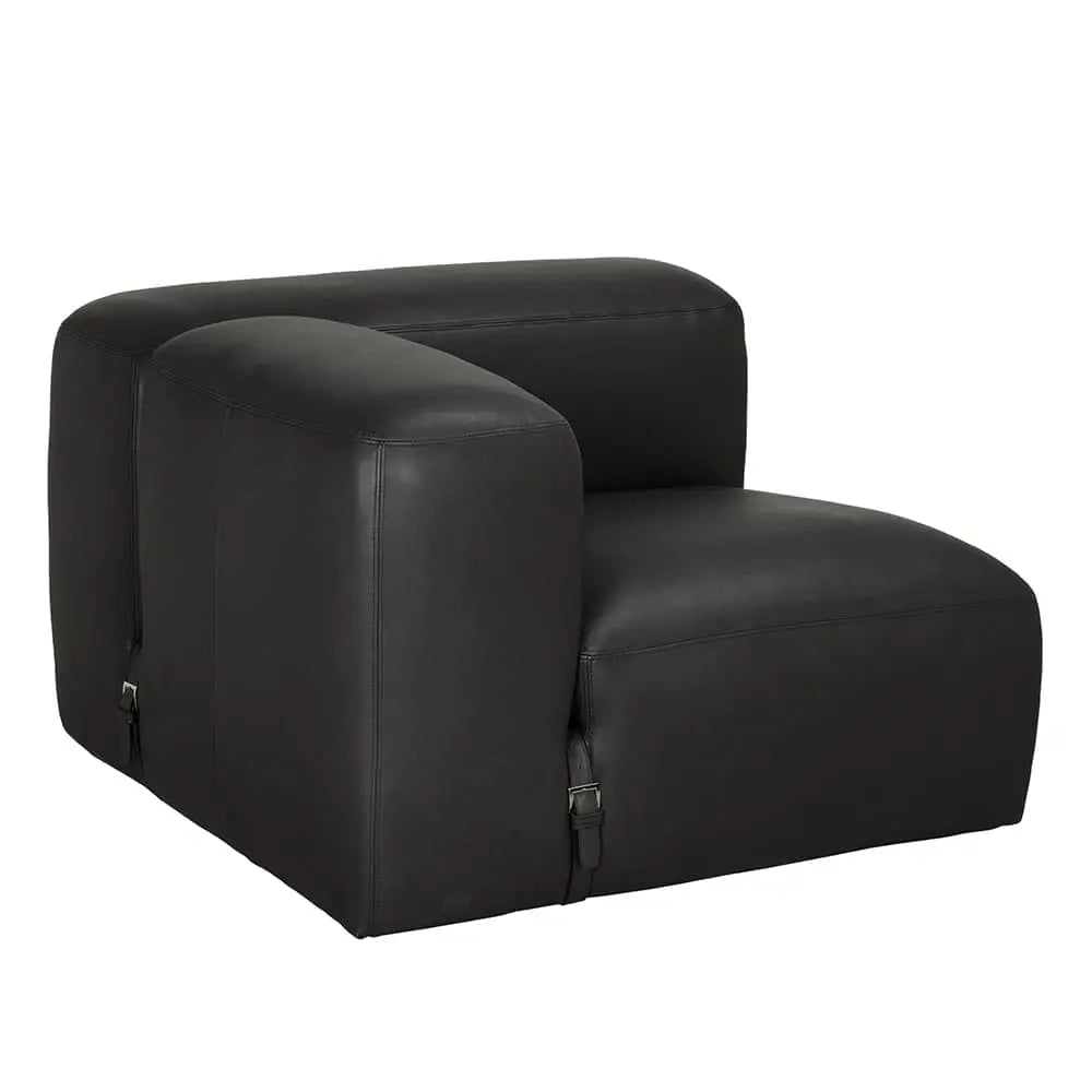 The Modular Black Leather Belted Sofa features a modern design with a low profile, wide seat, rounded edges, minimalist stitching, and side buckle accents—each piece is expertly crafted for style and comfort.