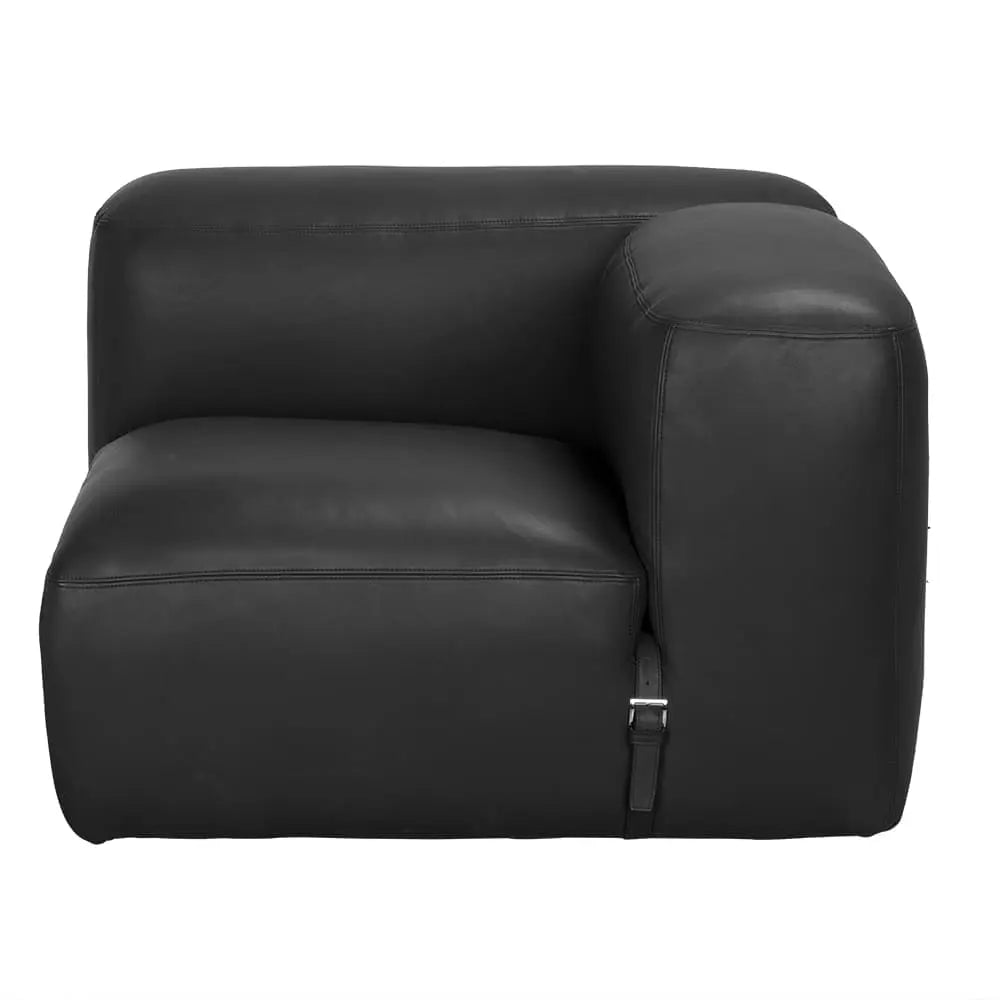 The Modular Black Leather Belted Sofa features a boxy, modern design with rounded edges and a metal buckle detail on the lower right, offering a minimalist look ideal for contemporary, stylish interiors.